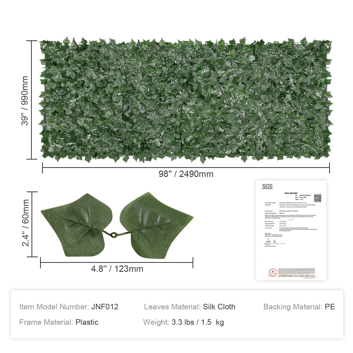Ivy Privacy Fence, 990 x 2490 mm Artificial Green Wall Screen, Greenery Ivy Fence with Mesh Cloth Backing and V952-WLSRZZWQ1J391EPVKV0