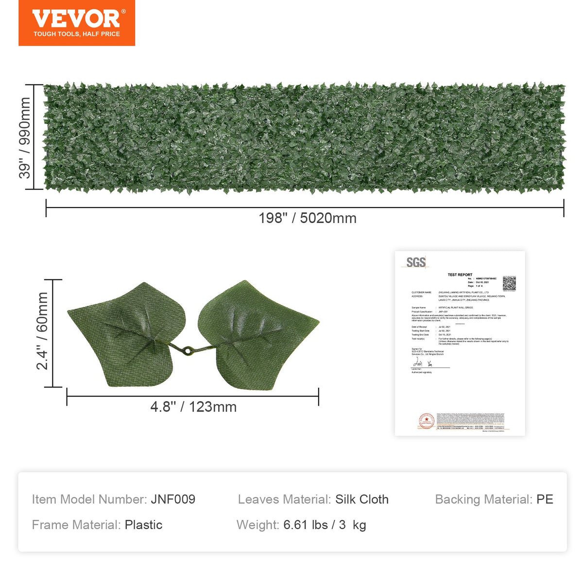 Ivy Privacy Fence, 39 x 198in Artificial Green Wall Screen, Greenery Ivy Fence with Mesh Cloth Backing and V952-WLSRZZWQ1J39XYXUPV0
