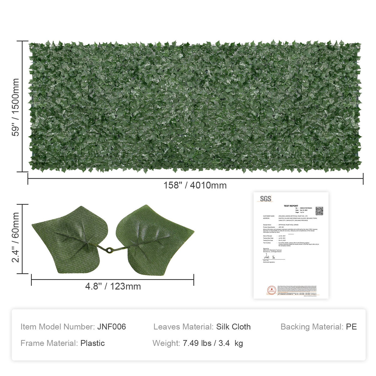 Ivy Privacy Fence, 59 x 158in Artificial Green Wall Screen, Greenery Ivy Fence w/ Mesh Cloth Backing and V952-WLSRZZWQ1J59PISG2V0