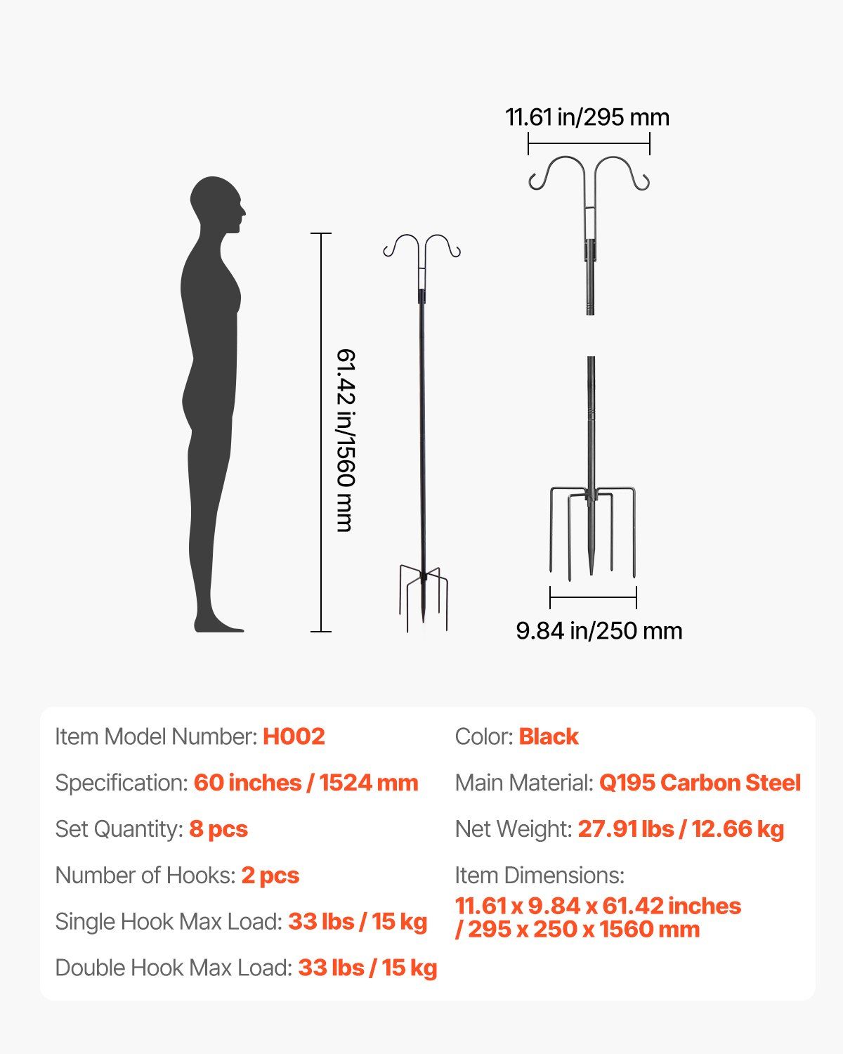 Double Shepherds Hooks for Outdoor, 8 Pack 1560 mm Heavy Duty Bird Feeder Pole, 19 mm Thick Garden Hooks for V952-WNGJSMYRGG60BN2LV001V0