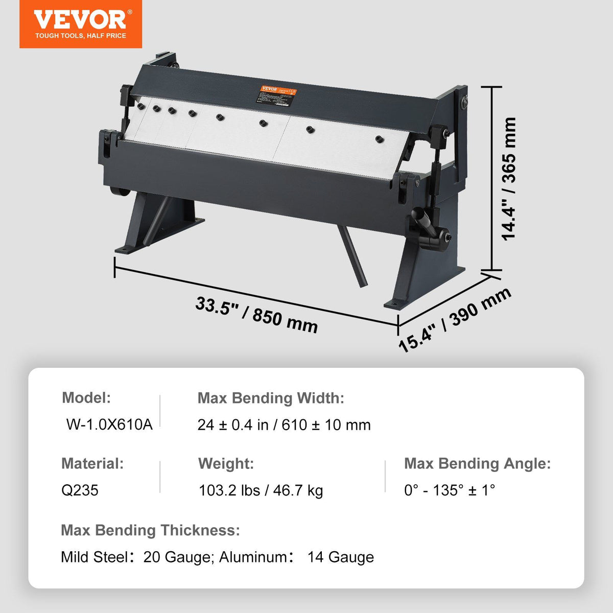Box and Pan Brake, 610 +/- 10 mm, 0-130 Degrees Sheet Metal Bending Brake, Portable Metal Bender with 20 V952-WQZDQ24YC20GZ75I8V0