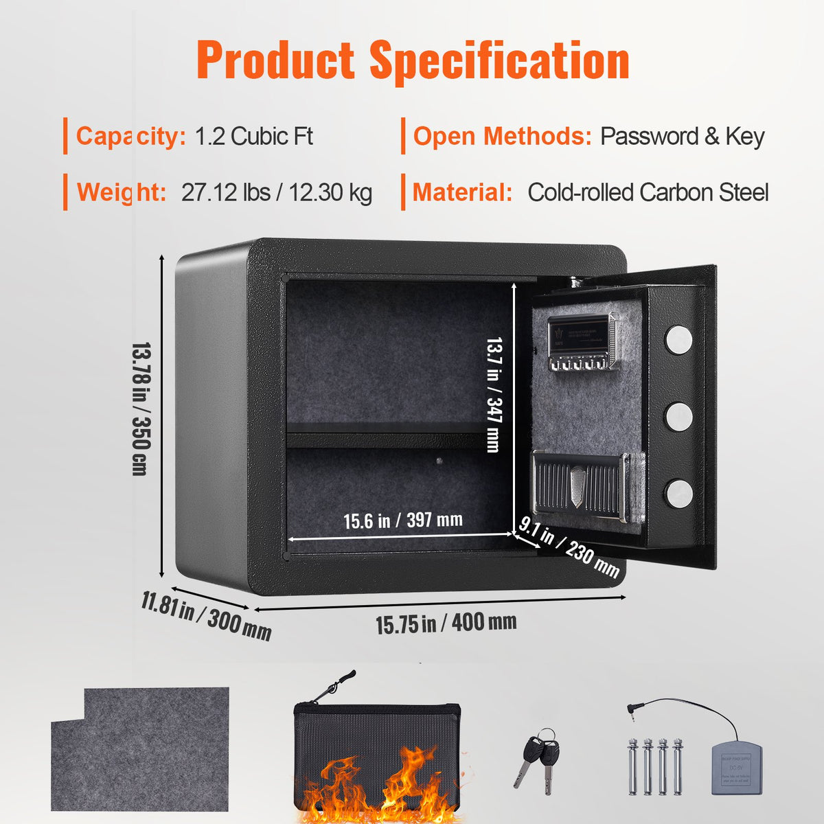 Safe 1.2 Cubic Feet Home Safe Steel for Cash Gold 15.8x11.8x13.8 inch V952-WSBXJHSWSLF12DSJDV0