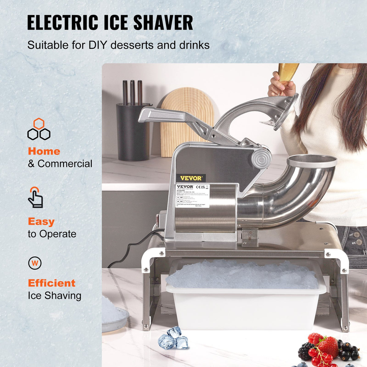 Commercial Ice Shaver Crusher, 661lbs Per Hour Electric Snow Cone Maker, 350W Shaved Ice Machine with Dual V952-WSDSLPBXG110VDAN2V3