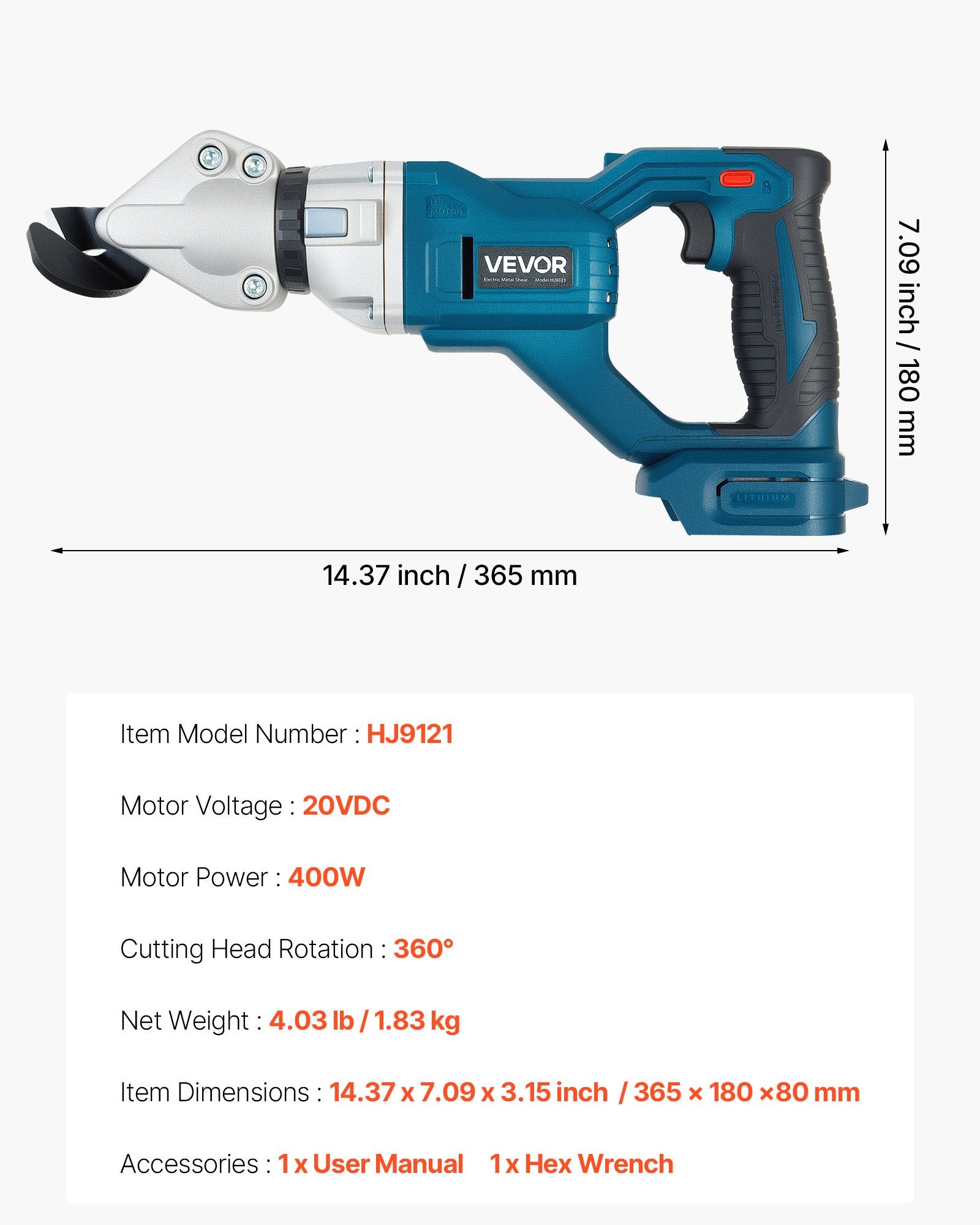 Metal Shear, Sheet Metal Cutter Cordless with 360-Degree Pivoting Head, Double Blades, 25000 RPM Speed, Cuts V952-WSJSJQJJSBDDOYCP9001V9