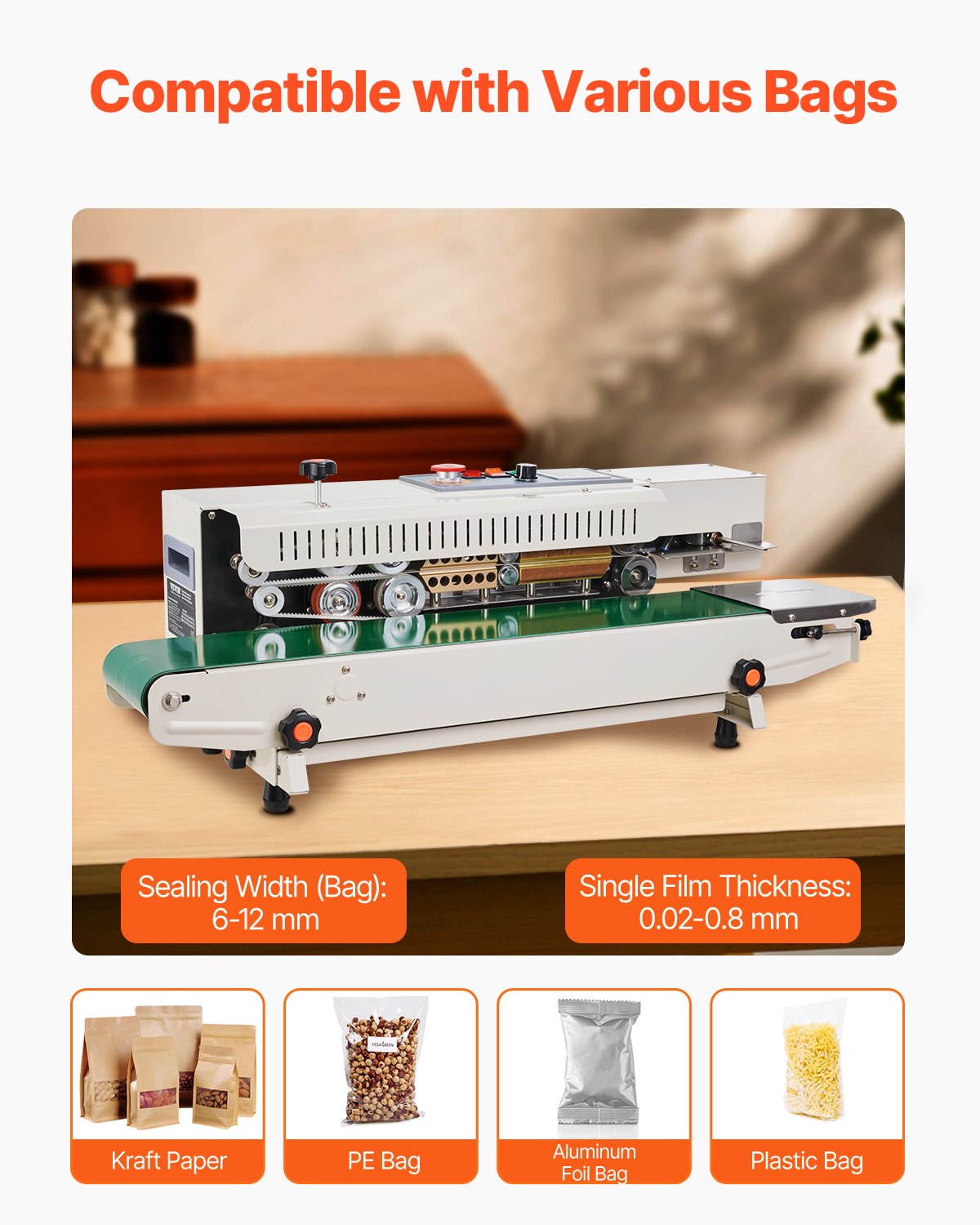 Continuous Bag Band Sealing Machine, 6-12 mm Seal Width, Horizontal Band Sealer Machine with Digital V952-WSLXFKJTBPQBCF313V3