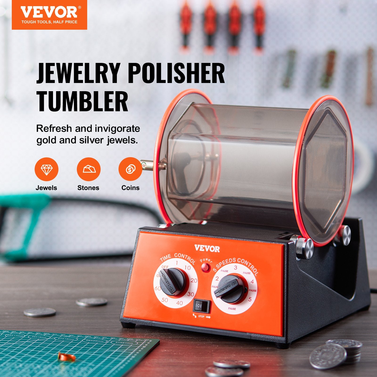 Jewelry Polisher Tumbler, 11lbs/5kg Capacity Mini Rotary Tumbler Machine with 0-60 Minutes Timer, 5 Speeds V952-WSPGJCSSDK5KG4QEZV3