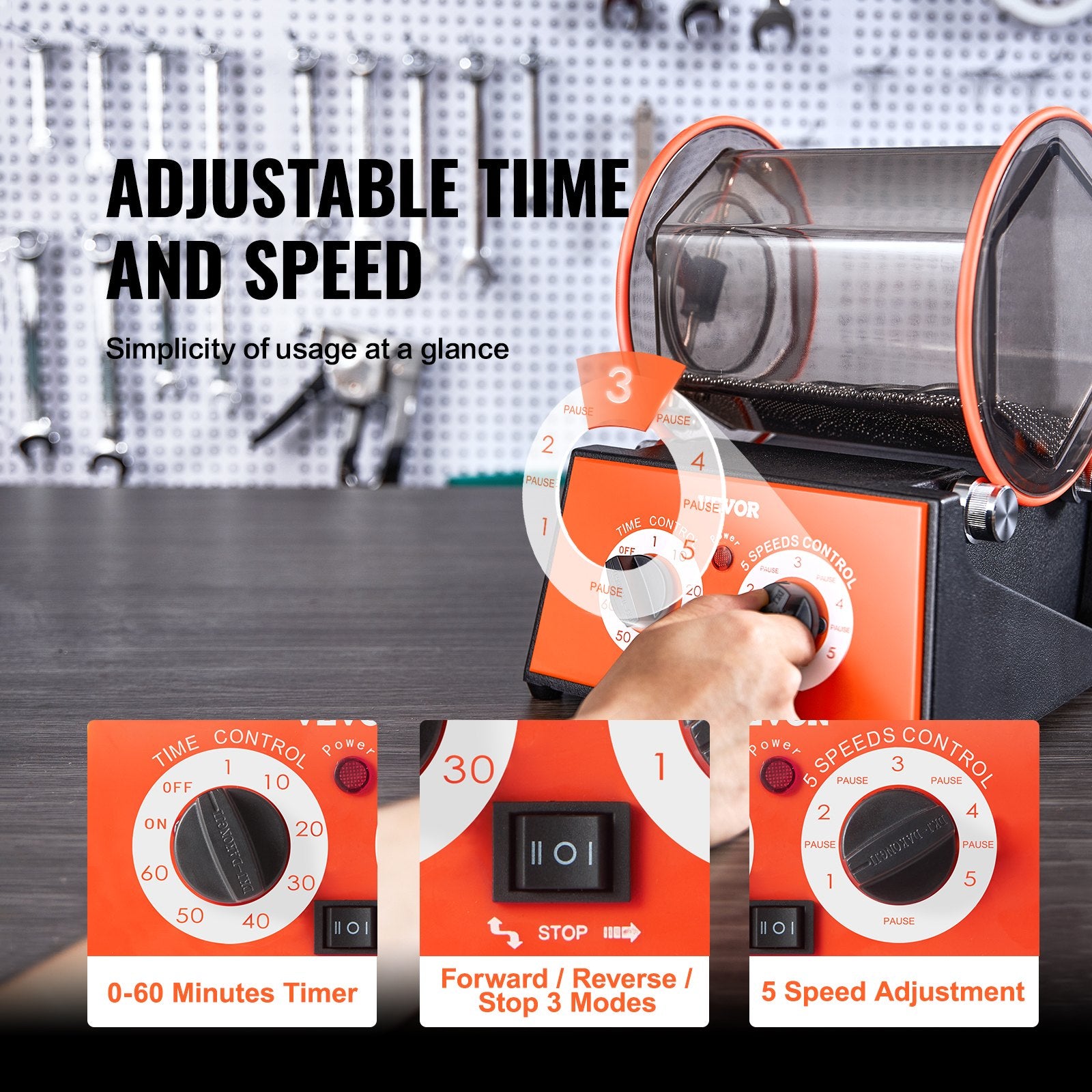 Jewelry Polisher Tumbler, 11lbs/5kg Capacity Mini Rotary Tumbler Machine with 0-60 Minutes Timer, 5 Speeds V952-WSPGJCSSDK5KG4QEZV3