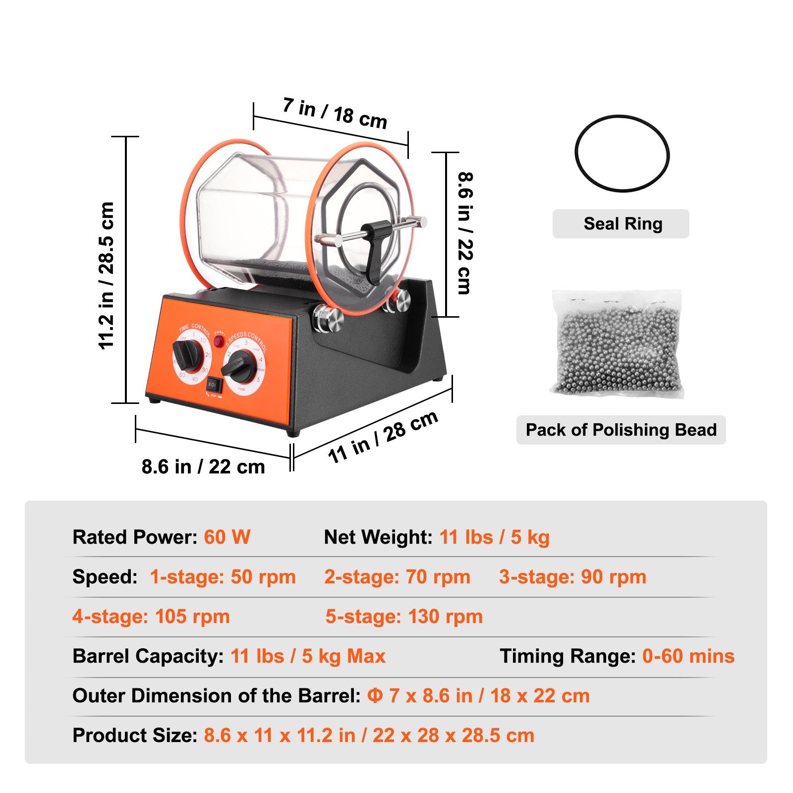 Jewelry Polisher Tumbler, 11lbs/5kg Capacity Mini Rotary Tumbler Machine with 0-60 Minutes Timer, 5 Speeds V952-WSPGJCSSDK5KG4QEZV3