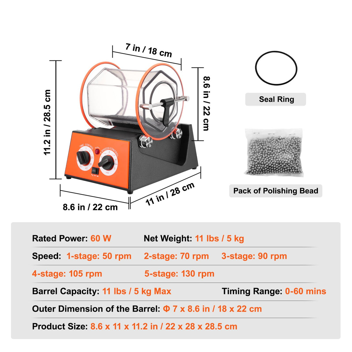Jewelry Polisher Tumbler, 11lbs/5kg Capacity Mini Rotary Tumbler Machine with 0-60 Minutes Timer, 5 Speeds V952-WSPGJCSSDK5KG4QEZV3
