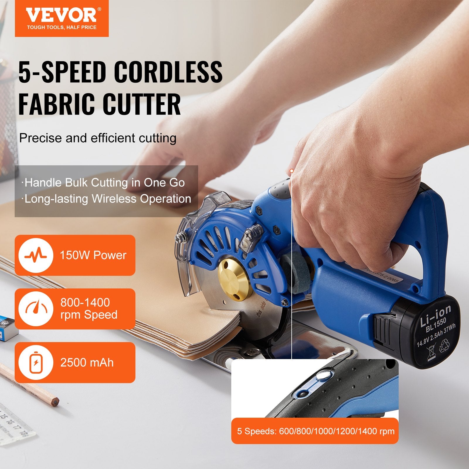 Fabric Cutter, 5-Speed Cordless Electric Rotary Fabric Cutting Machine, 1.1" Cutting Thickness, Octagonal V952-WSQBJWS100MM2RAD1V3