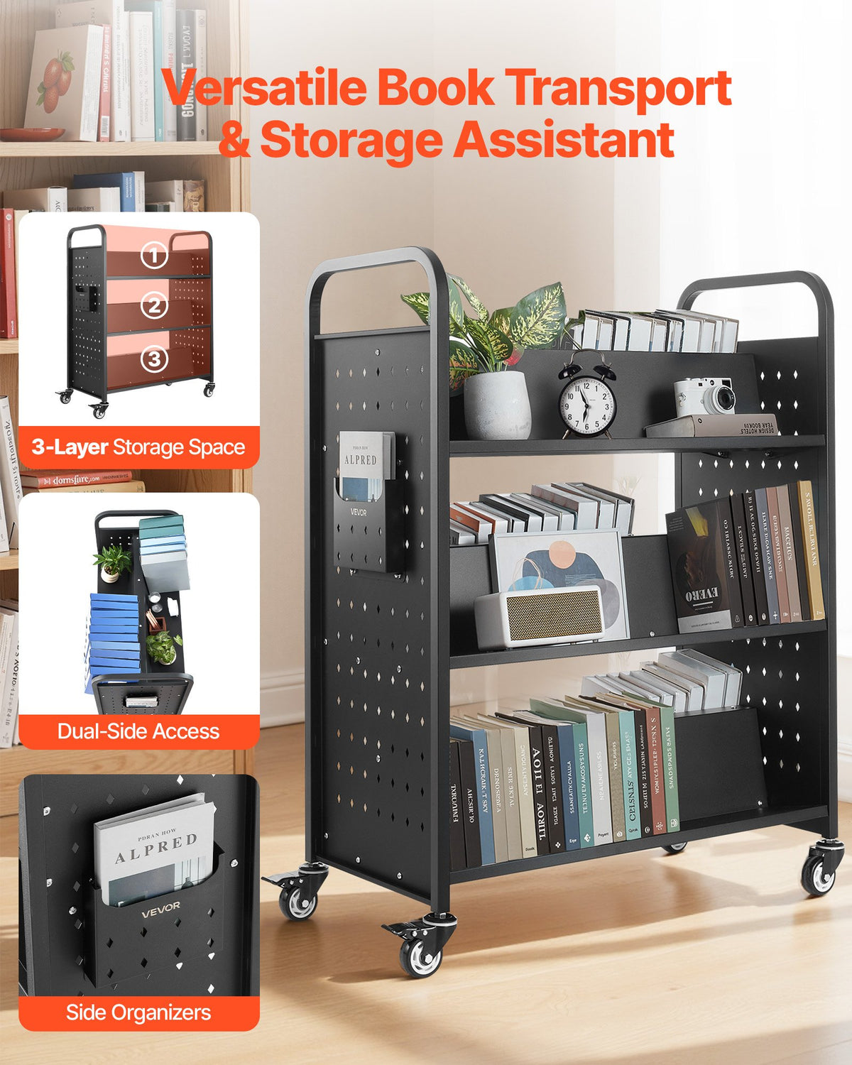 Rolling Library Book Cart, 150 kg Capacity, 97 x 51.5 x 122.5 cm Library Cart, Double Sided W-Shaped Shelves V952-WXTSGTCH330LMU071001V0