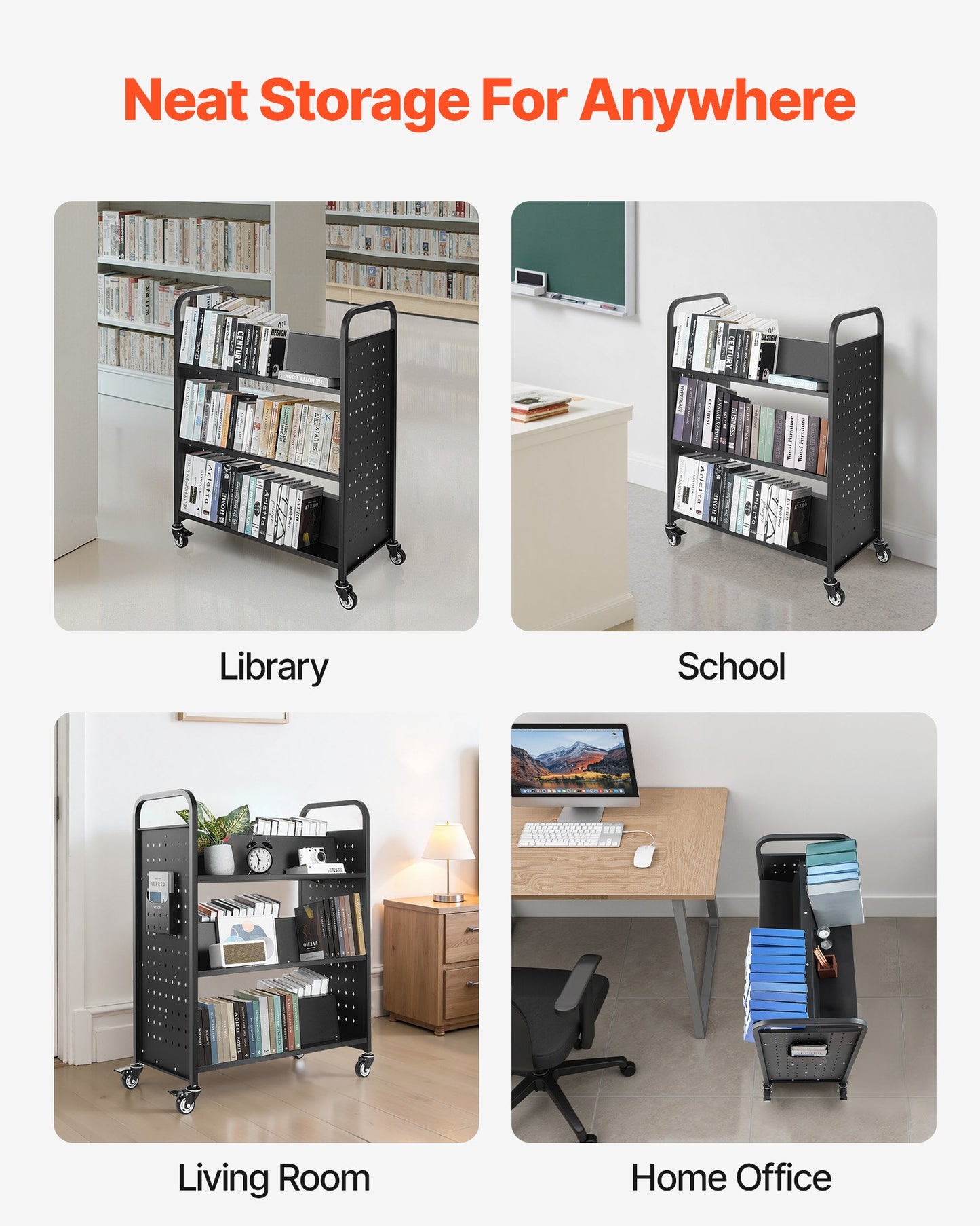 Rolling Library Book Cart, 150 kg Capacity, 97 x 51.5 x 122.5 cm Library Cart, Double Sided W-Shaped Shelves V952-WXTSGTCH330LMU071001V0