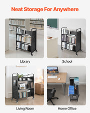 Rolling Library Book Cart, 150 kg Capacity, 97 x 51.5 x 122.5 cm Library Cart, Double Sided W-Shaped Shelves V952-WXTSGTCH330LMU071001V0