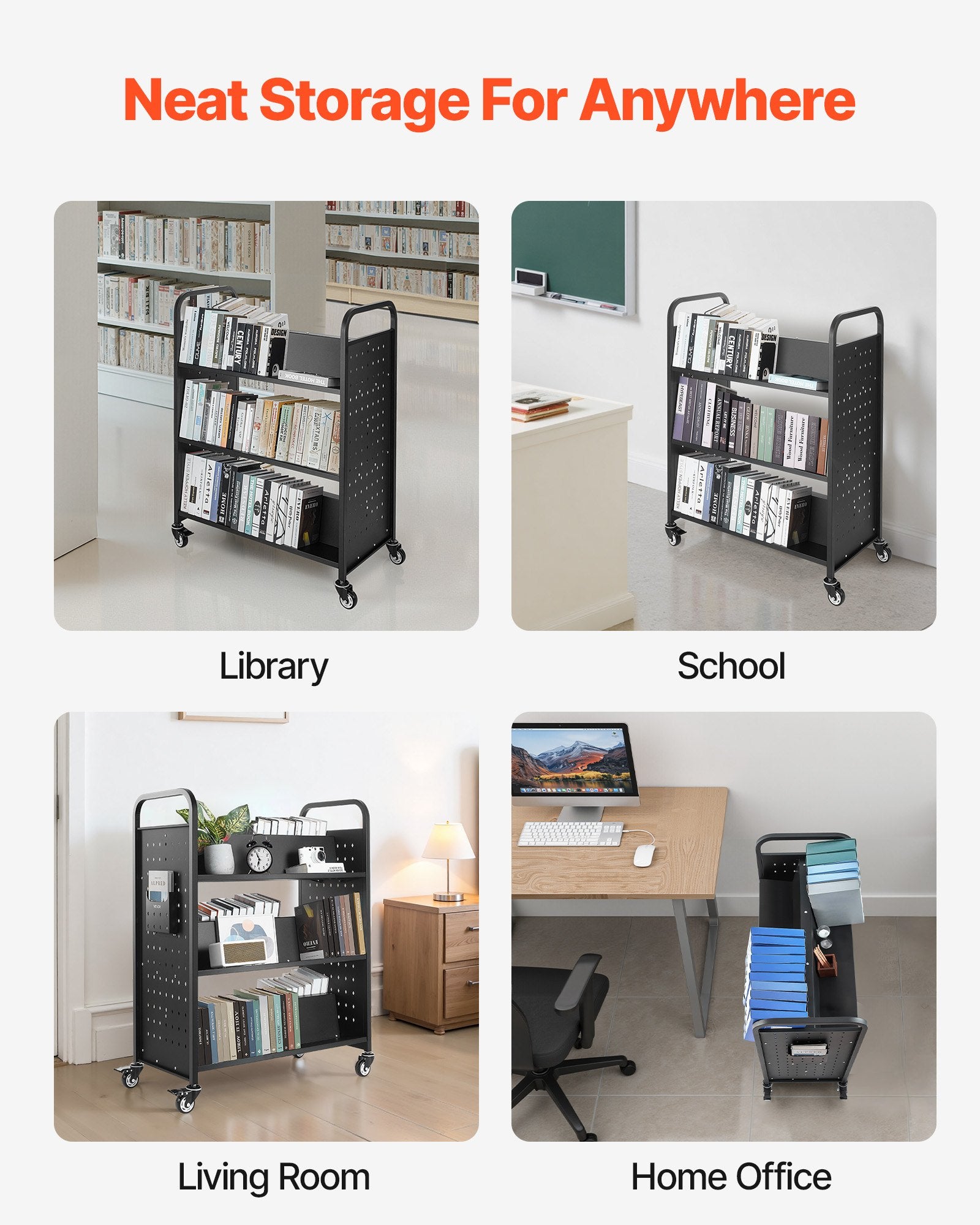 Rolling Library Book Cart, 150 kg Capacity, 97 x 51.5 x 122.5 cm Library Cart, Double Sided W-Shaped Shelves V952-WXTSGTCH330LMU071001V0