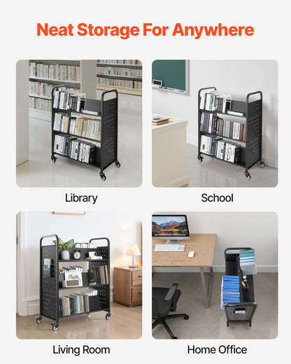 Rolling Library Book Cart, 150 kg Capacity, 97 x 51.5 x 122.5 cm Library Cart, Double Sided W-Shaped Shelves V952-WXTSGTCH330LMU071001V0