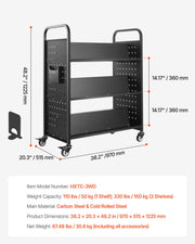 Rolling Library Book Cart, 150 kg Capacity, 97 x 51.5 x 122.5 cm Library Cart, Double Sided W-Shaped Shelves V952-WXTSGTCH330LMU071001V0
