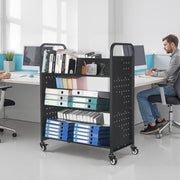Rolling Library Book Cart, 150 kg Capacity, 97 x 51.5 x 122.5 cm Library Cart, Double Sided W-Shaped Shelves V952-WXTSGTCH330LMU071001V0