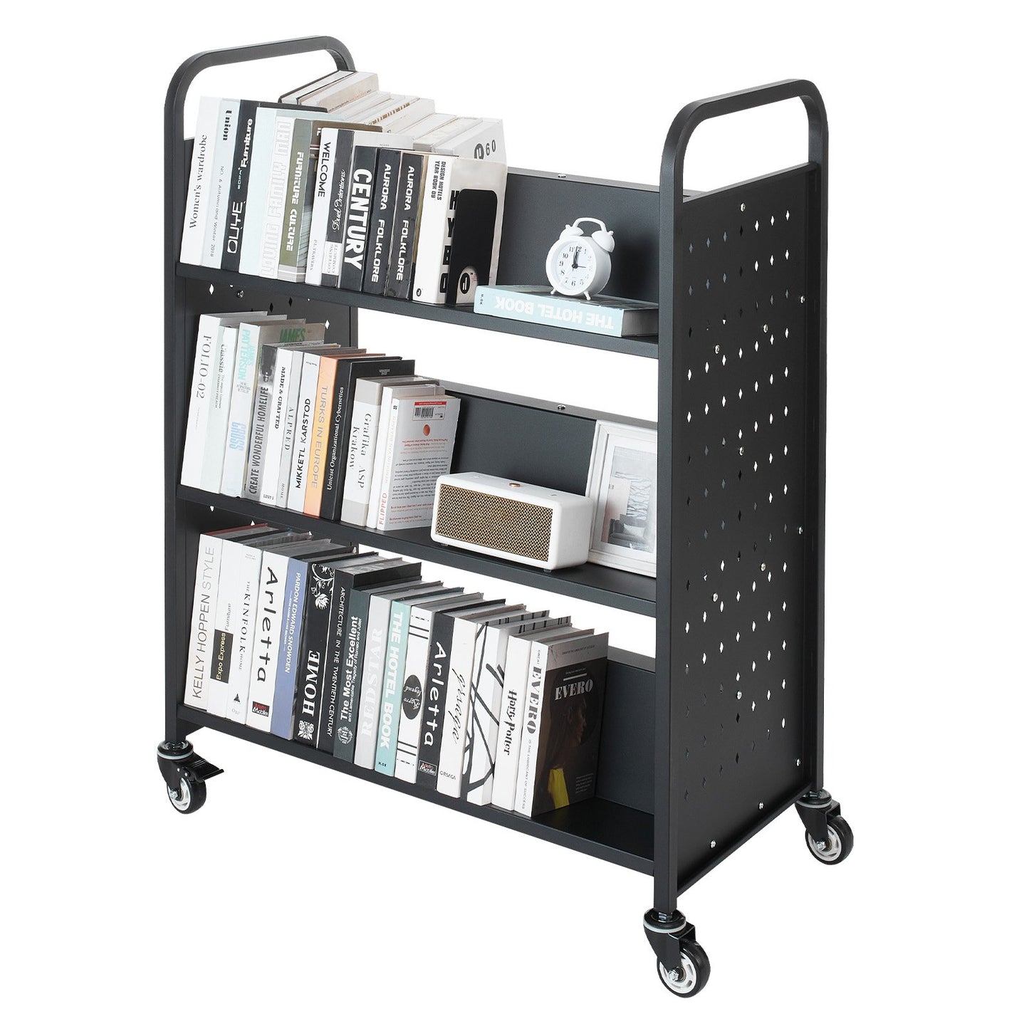 Rolling Library Book Cart, 150 kg Capacity, 97 x 51.5 x 122.5 cm Library Cart, Double Sided W-Shaped Shelves V952-WXTSGTCH330LMU071001V0