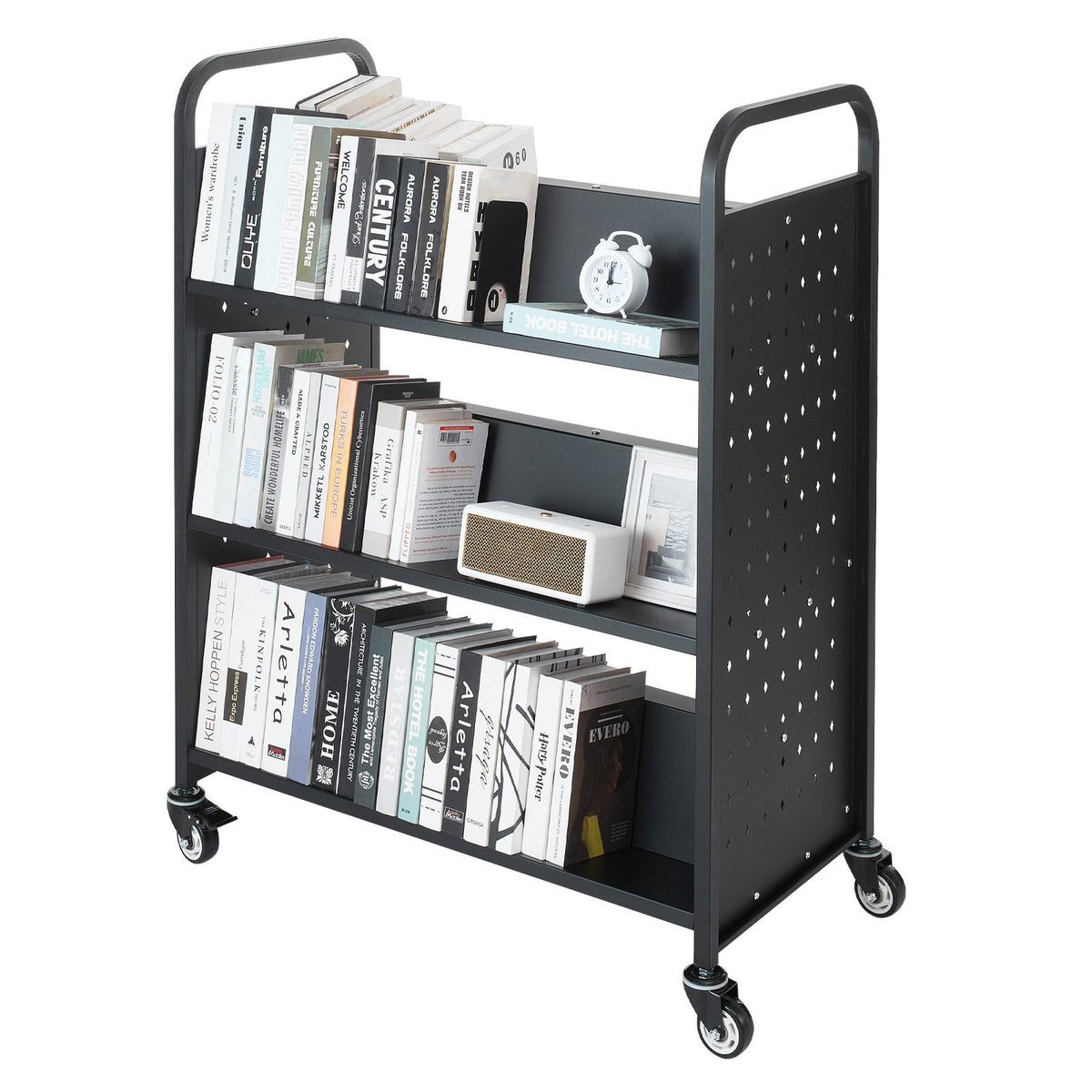 Rolling Library Book Cart, 150 kg Capacity, 97 x 51.5 x 122.5 cm Library Cart, Double Sided W-Shaped Shelves V952-WXTSGTCH330LMU071001V0