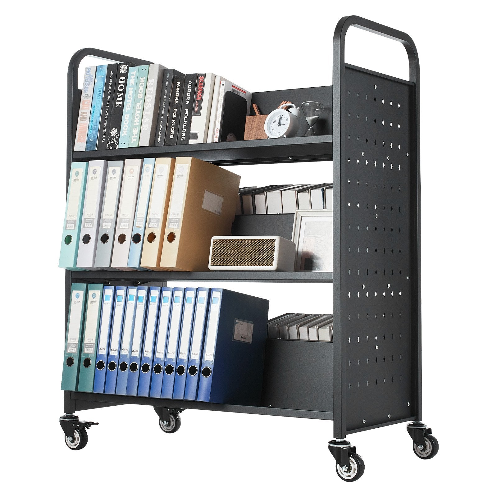Rolling Library Book Cart, 150 kg Capacity, 97 x 51.5 x 122.5 cm Library Cart, Double Sided W-Shaped Shelves V952-WXTSGTCH330LMU071001V0