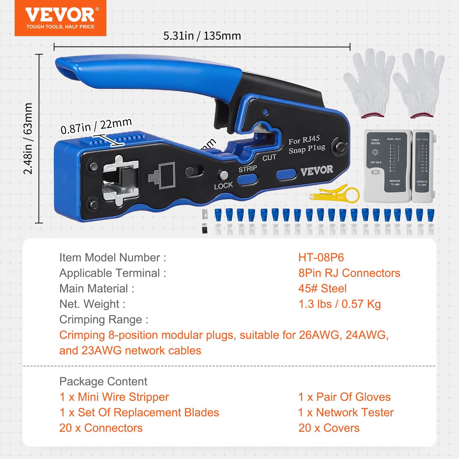 RJ45 Crimp Tool Kit, Cat5e/Cat6/Cat6a Ethernet Crimper Crimp Pliers for 8-Pin Modular Plugs with 20pcs V952-WXYJQWLSJDZ28GPF7V0