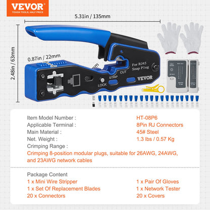 RJ45 Crimp Tool Kit, Cat5e/Cat6/Cat6a Ethernet Crimper Crimp Pliers for 8-Pin Modular Plugs with 20pcs V952-WXYJQWLSJDZ28GPF7V0