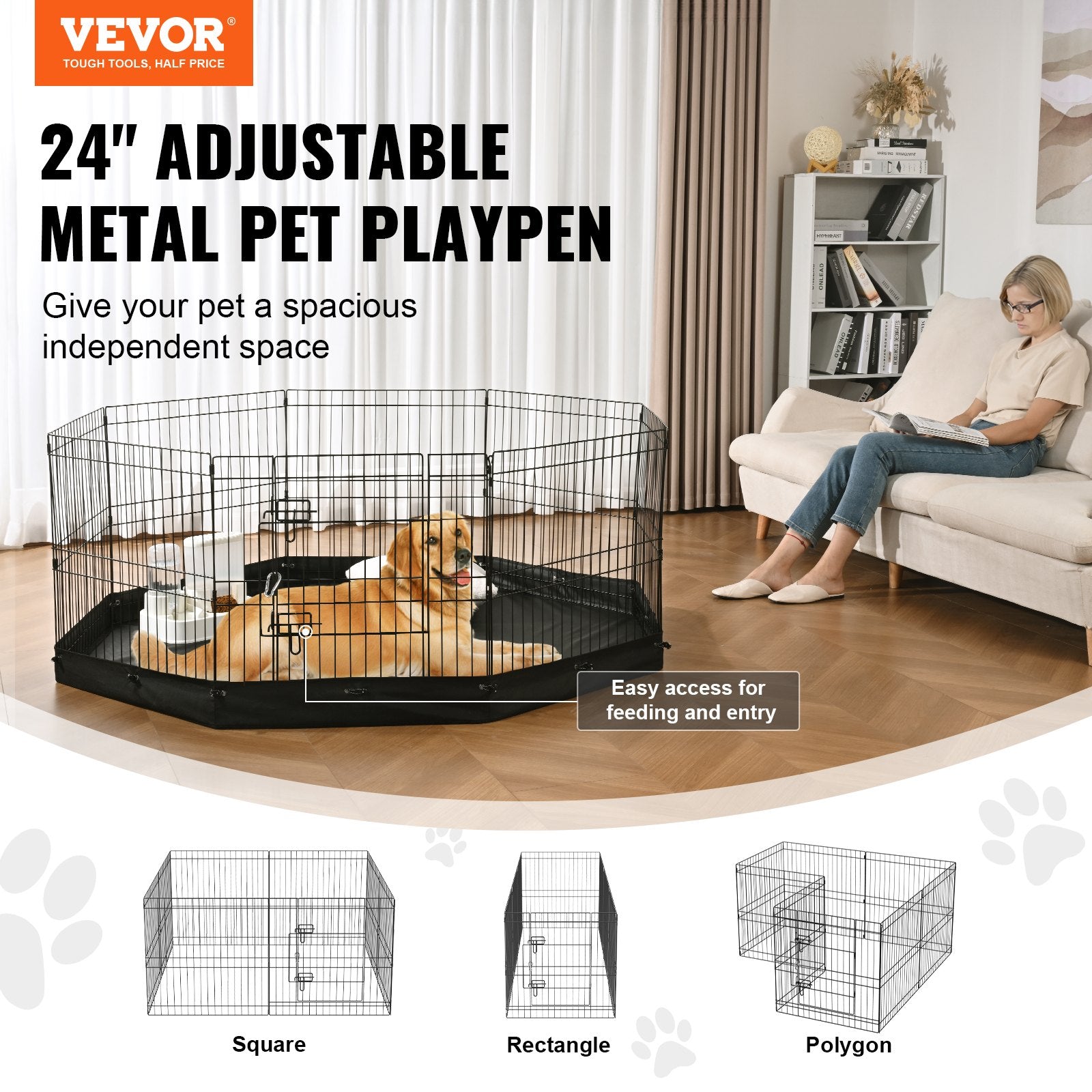 Dog Playpen, 8 Panels Foldable Metal Dog Exercise Pen with Bottom Pad, 24" H Pet Fence Puppy Crate Kennel V952-WXZZYDCWWLHS25D60V0
