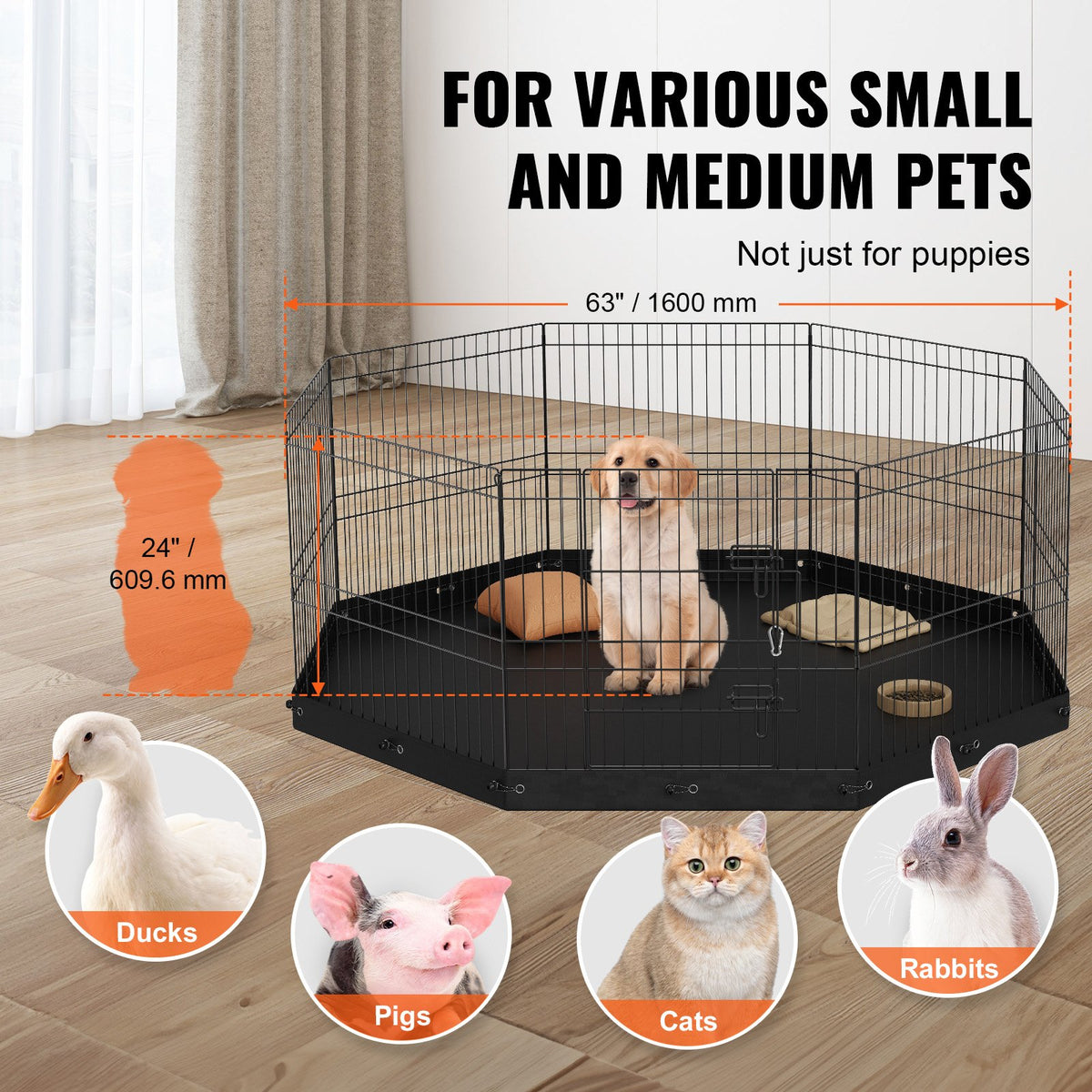 Dog Playpen, 8 Panels Foldable Metal Dog Exercise Pen with Bottom Pad, 24" H Pet Fence Puppy Crate Kennel V952-WXZZYDCWWLHS25D60V0