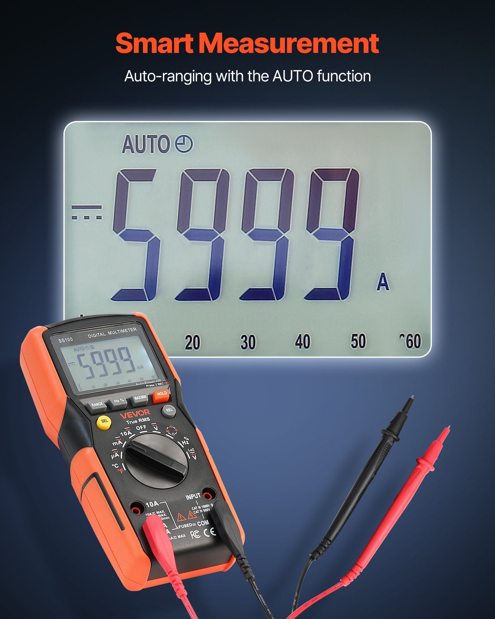 Digital Multimeter, 6000-Count TRMS DC/AC Voltmeter Current Tester, Auto-Ranging Multimeter for Current V952-WYB1000VACDCRIU9H001V9