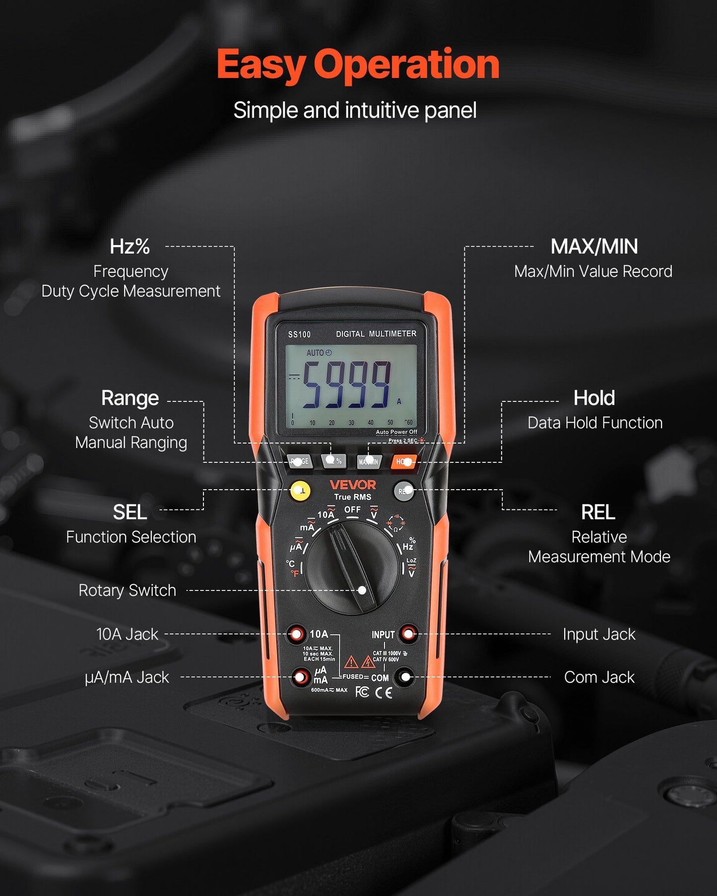 Digital Multimeter, 6000-Count TRMS DC/AC Voltmeter Current Tester, Auto-Ranging Multimeter for Current V952-WYB1000VACDCRIU9H001V9