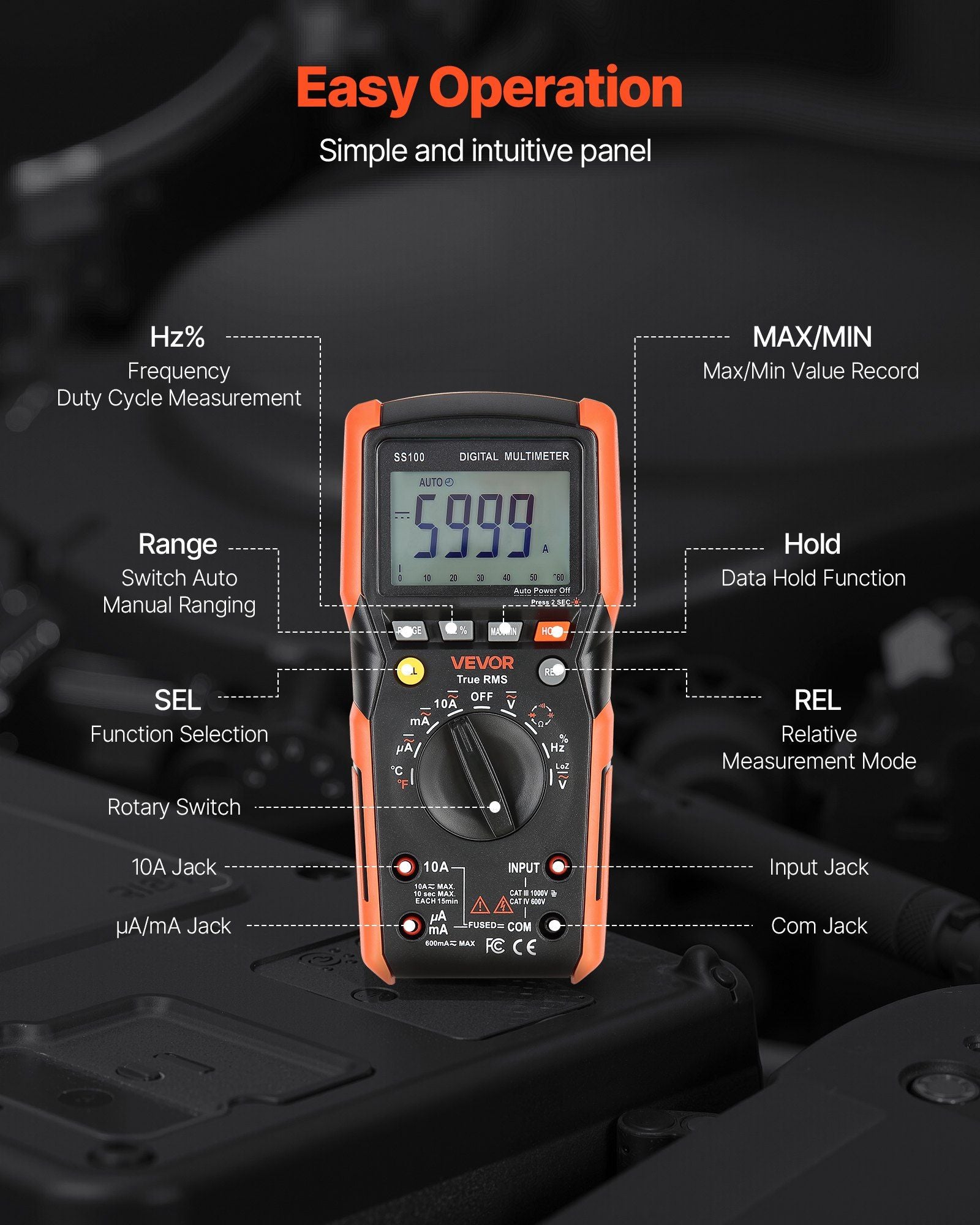 Digital Multimeter, 6000-Count TRMS DC/AC Voltmeter Current Tester, Auto-Ranging Multimeter for Current V952-WYB1000VACDCRIU9H001V9