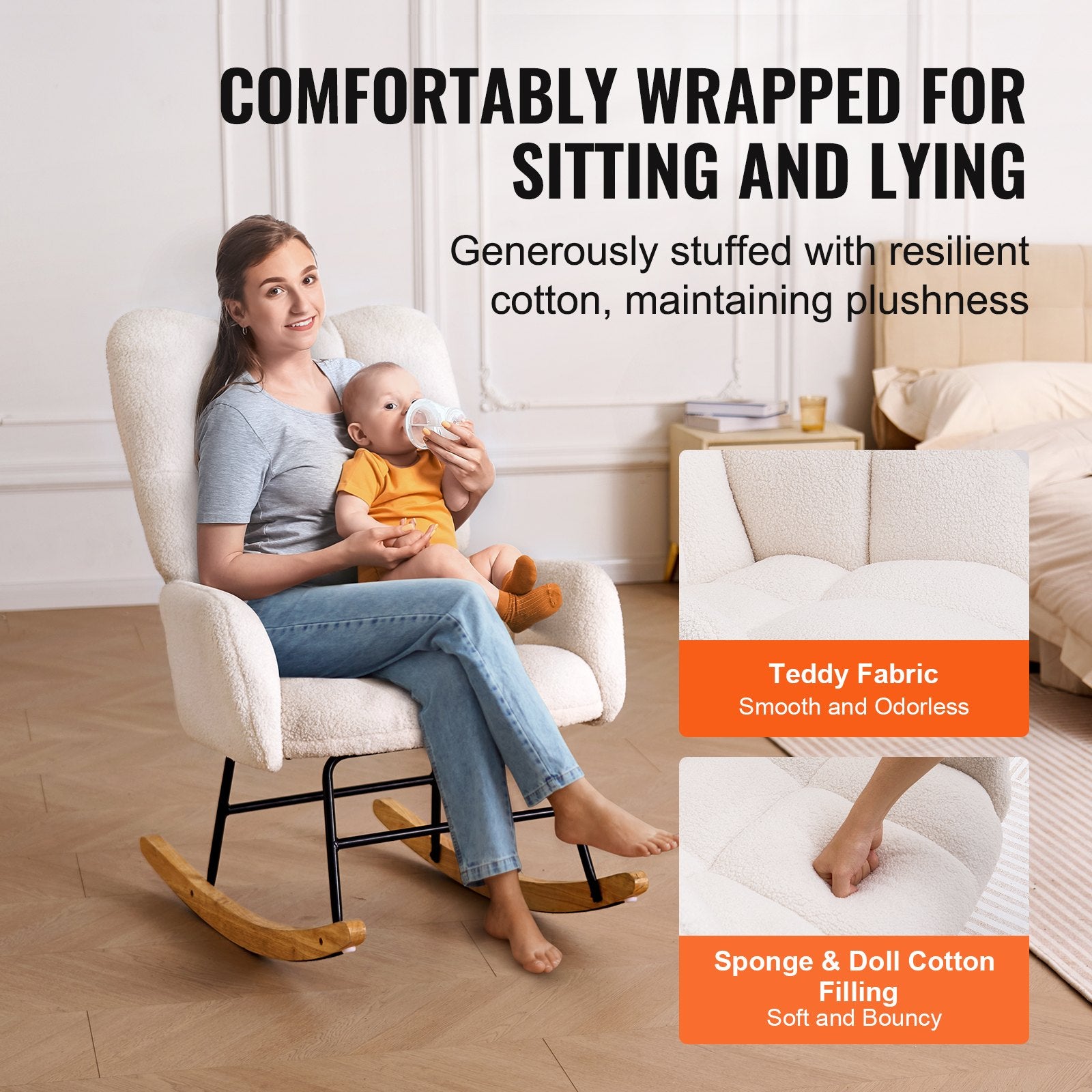 Nursery Rocking Chair, 250 lbs Weight Capacity Teddy Fabric Upholstered Glider Rocker Chair with Soft Seat V952-WYBBYKDYWQYWEQNVNV0