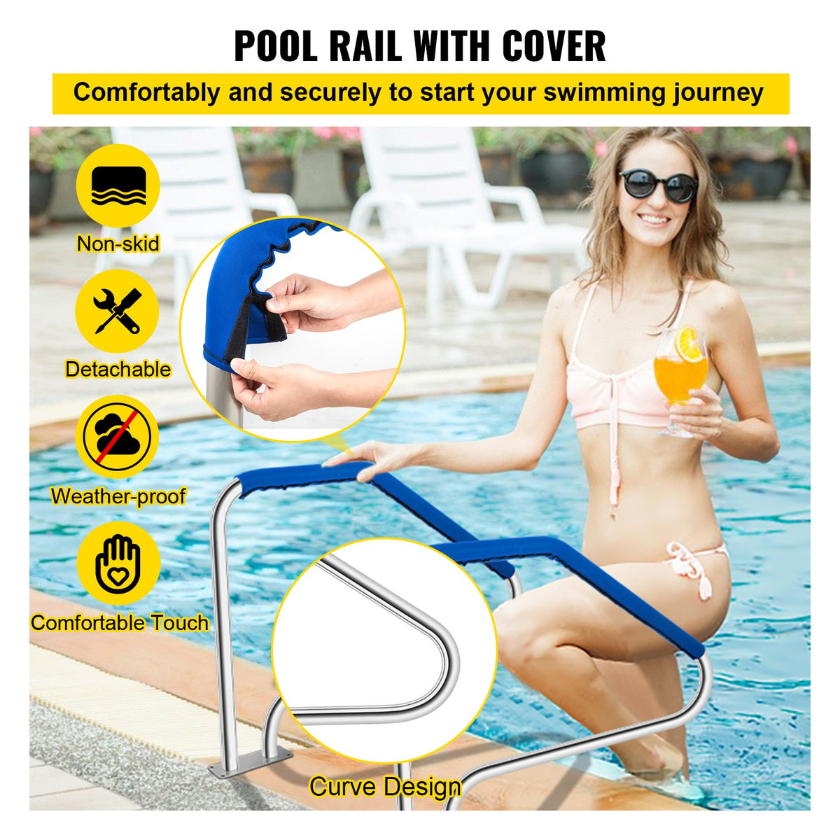 Swimming Pool Handrail Ladder Handrail Stainless Steel Rail w/ Base Plate V952-WYCYCBX449X344MSTV0