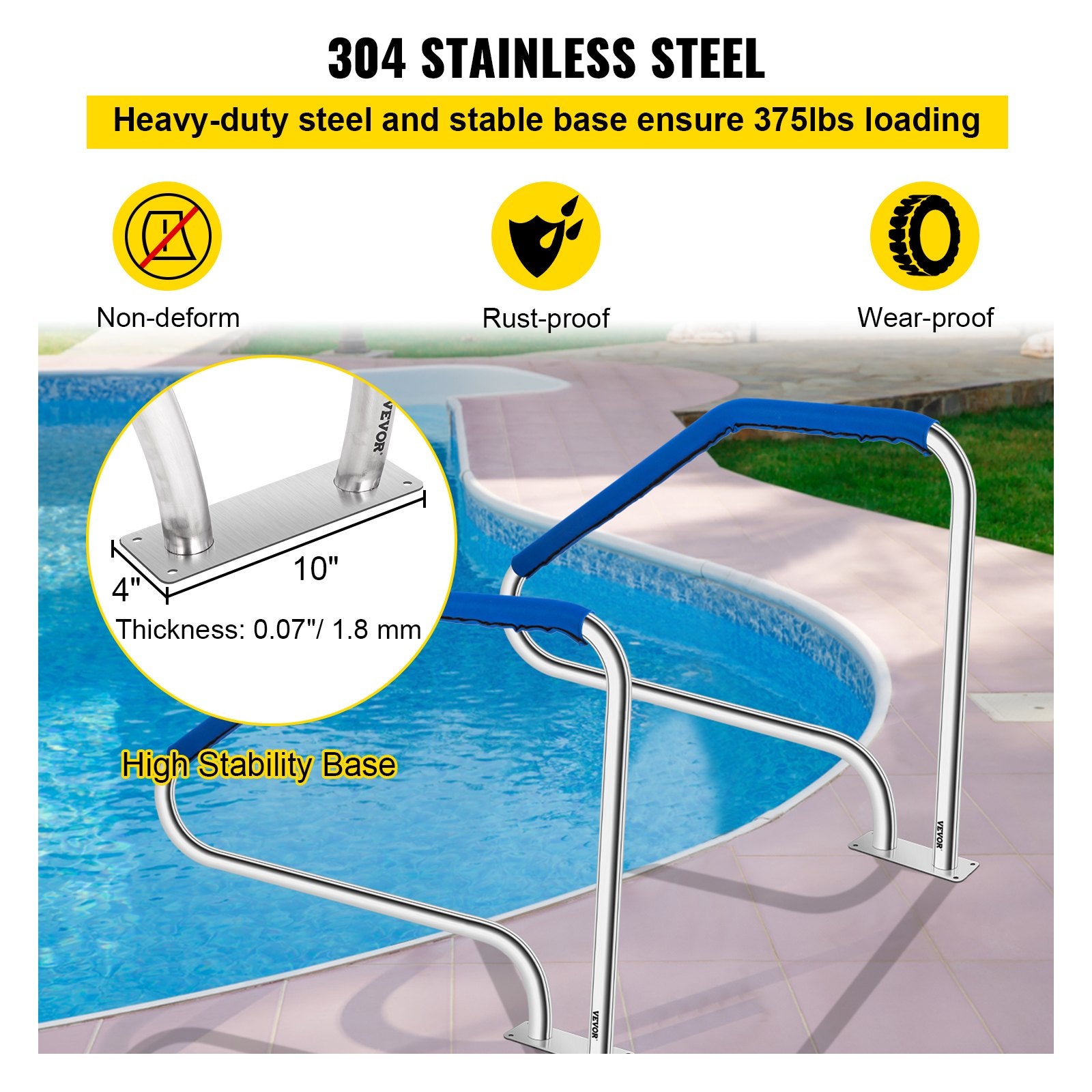 Swimming Pool Handrail Ladder Handrail Stainless Steel Rail w/ Base Plate V952-WYCYCBX449X344MSTV0