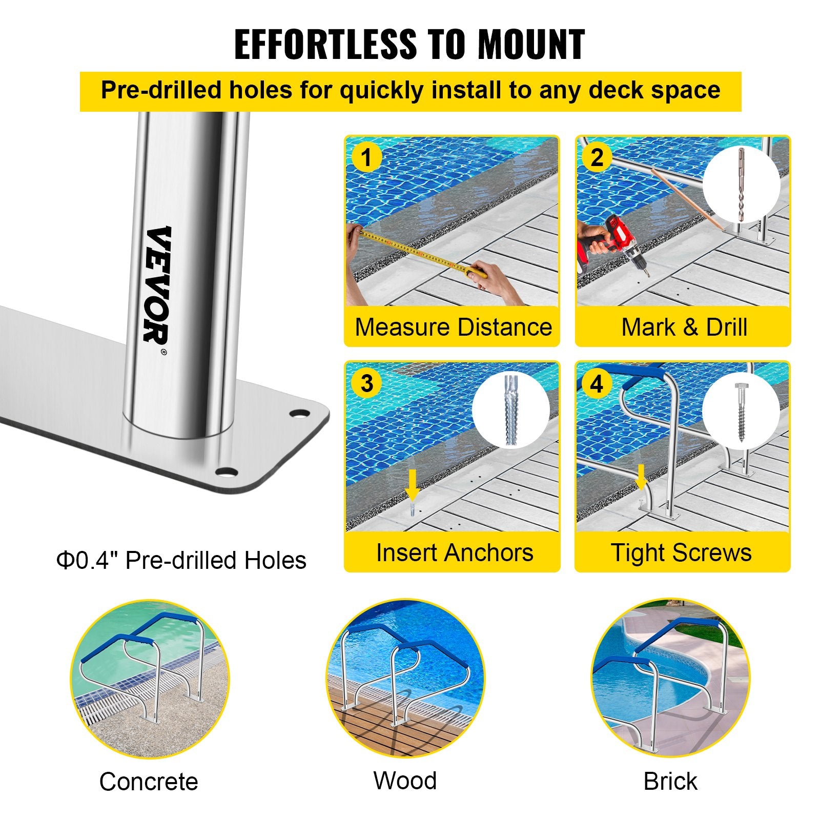 Swimming Pool Handrail Ladder Handrail Stainless Steel Rail w/ Base Plate V952-WYCYCBX449X344MSTV0