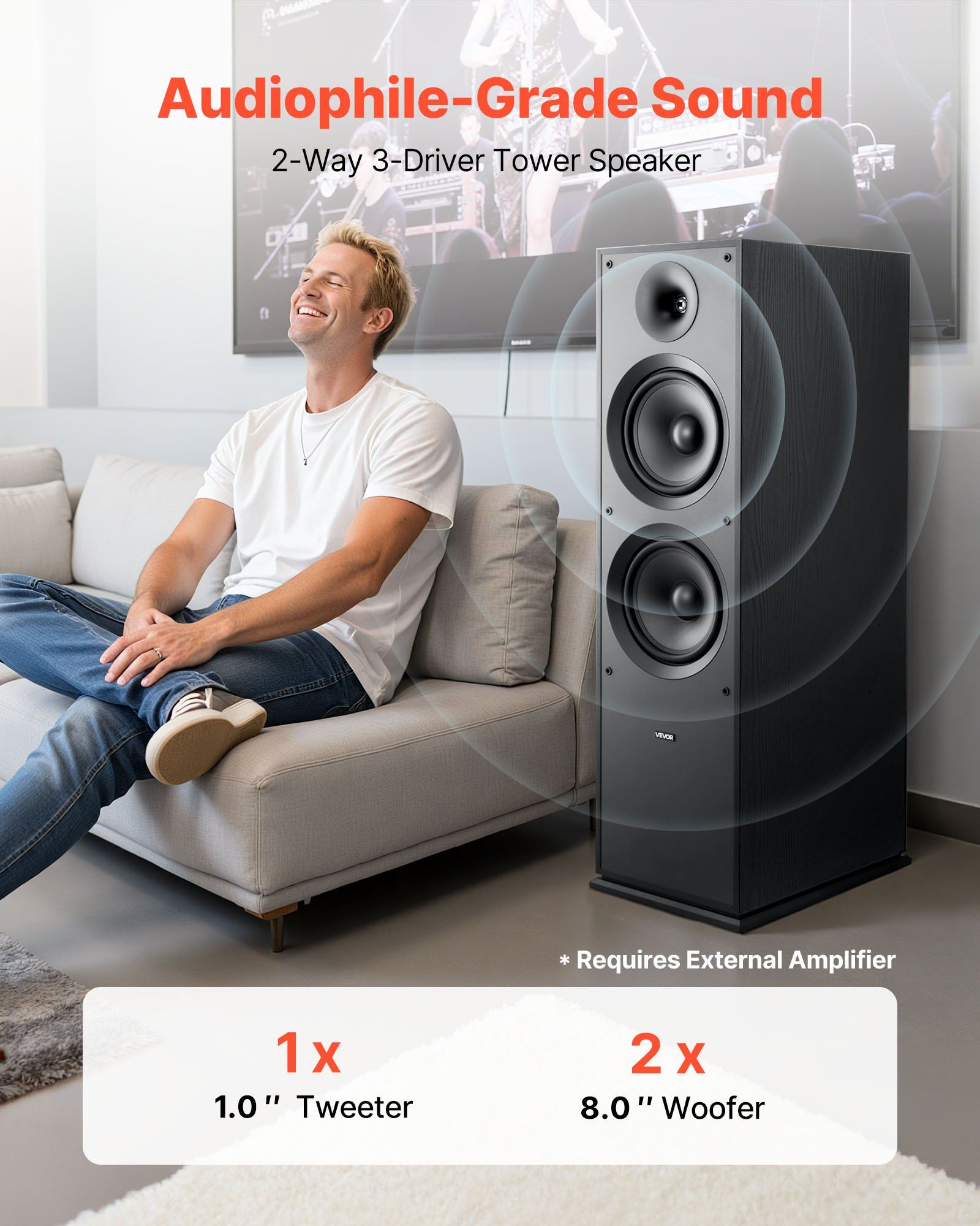 Floorstanding Speaker, 2-Way, Floor-Standing Tower Speaker with 25.4 mm Tweeter, Dual 203.2 mm Woofers, 600W V952-WYLDSYSQ1GZ8BNL7J001V0