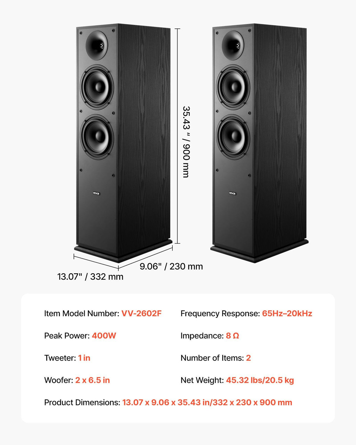 Floorstanding Speakers, 2-Way, Floor-Standing Tower Speakers with 25.4 mm Tweeter, Dual 165.1 mm Woofers, V952-WYLDSYSQ2GZ6KLL9J001V0