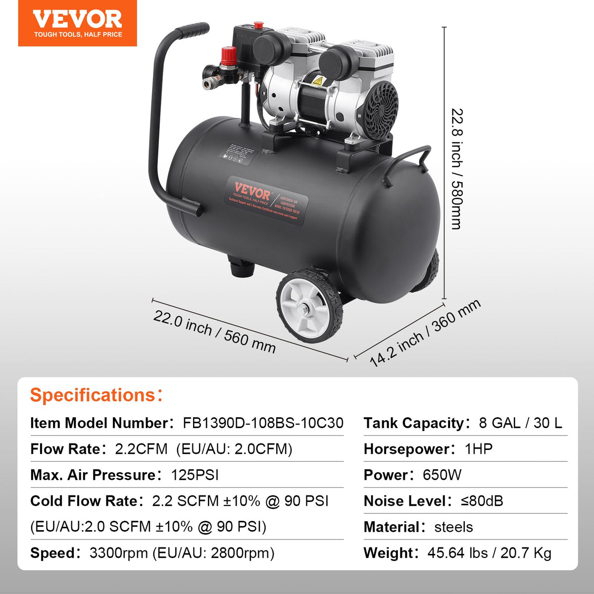 Air Compressor Compact Portable Oil Free Compressor 30L 90 PSI V952-WYWSKYJ30L75E7TAMV3