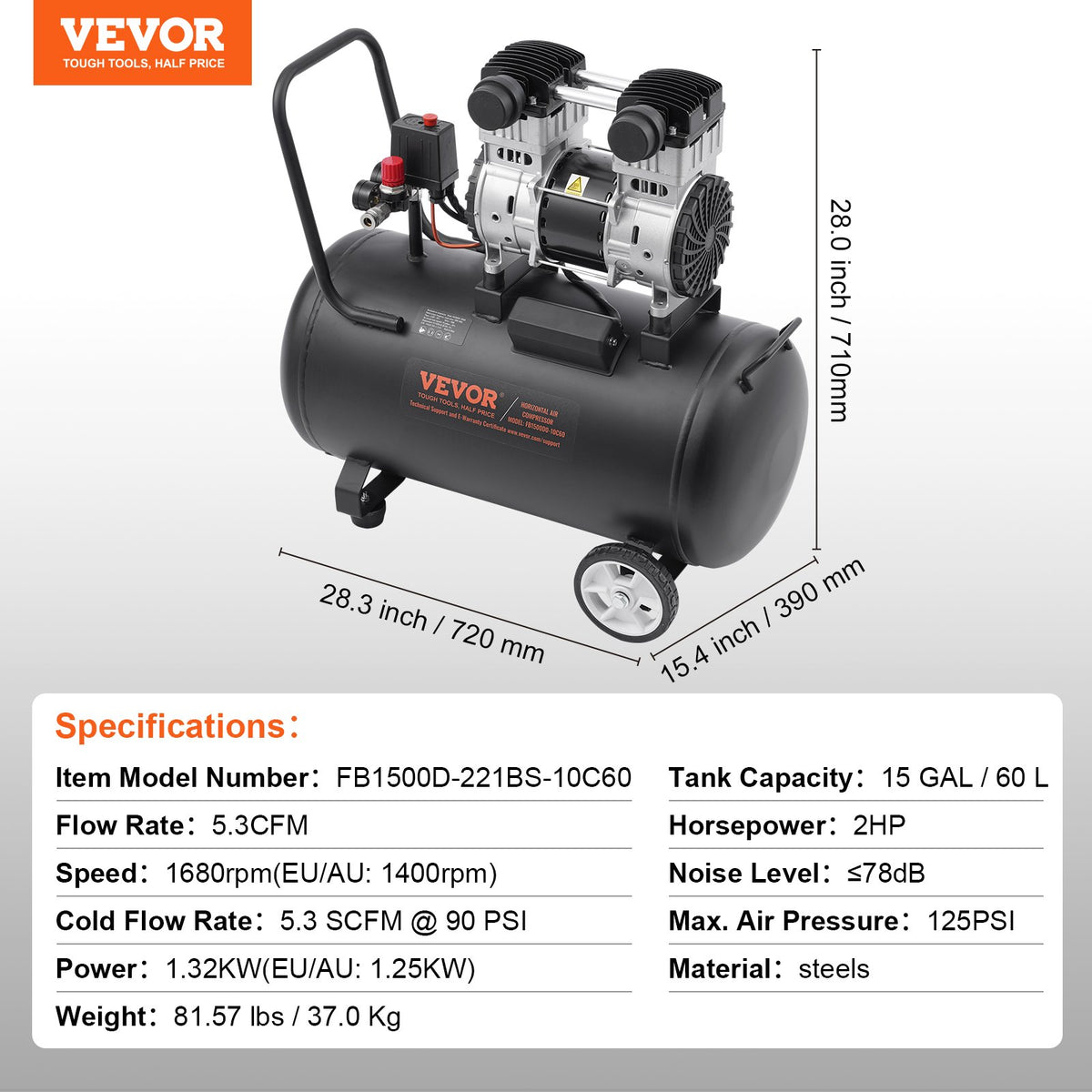 Air Compressor Compact Portable Oil Free Compressor 60L 90 PSI V952-WYWSKYJ60L14J9EI6V3