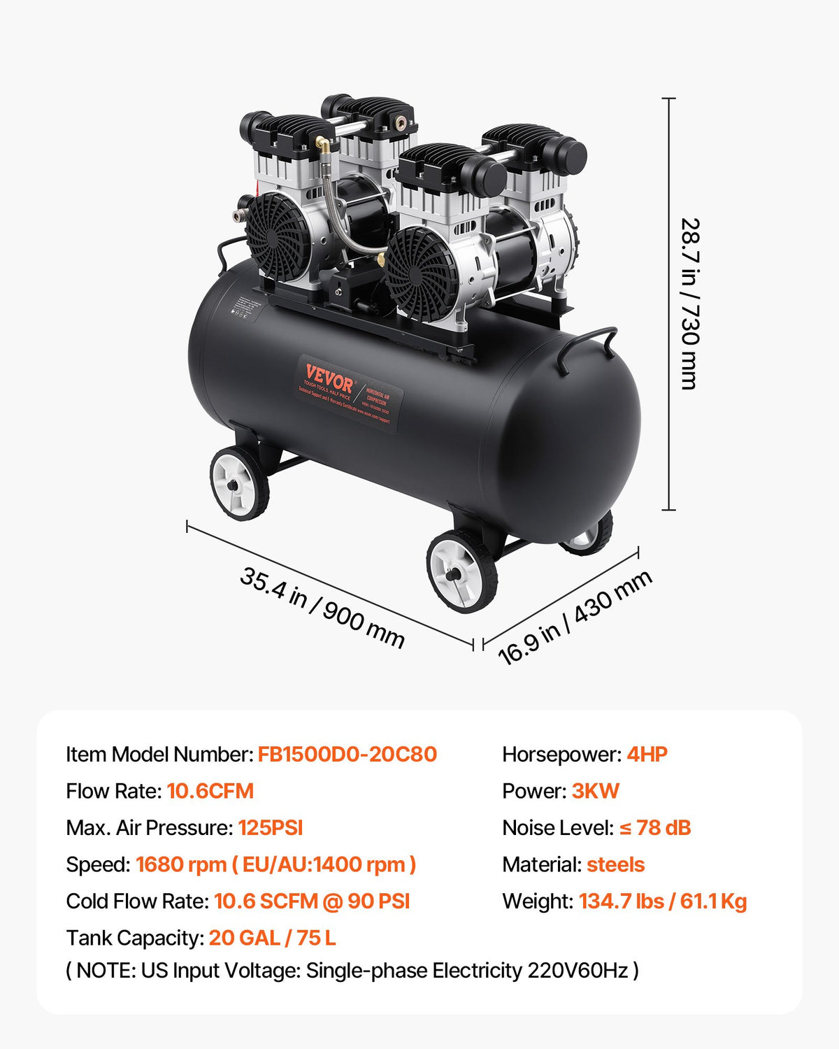 Air Compressor Compact Portable Oil Free Compressor 75L 90 PSI V952-WYWSKYJ75L30L2754V3
