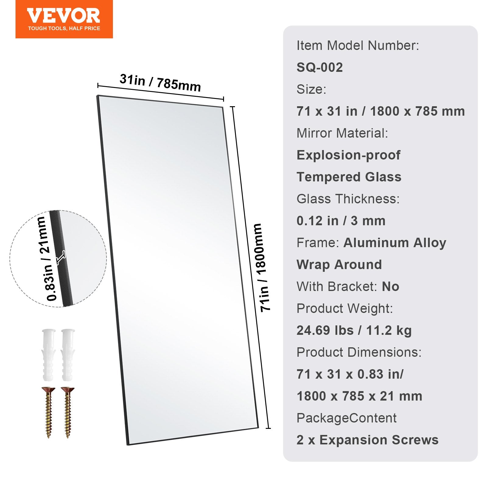 Full Length Mirror, 1800x785 mm, Extra Large Standing Hanging or Leaning Rectangle Floor Mirror with Tempered V952-WZJFXLDJ71YC7E8I7V0