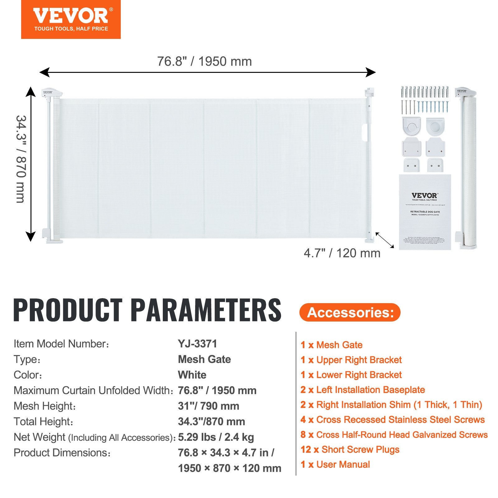 Retractable Baby Gate, 34.2" Tall Mesh Baby Gate, Extends up to 76.8" Wide Retractable Gate for Kids or Pets, V952-WZSSMBS71INC5QCB1V0