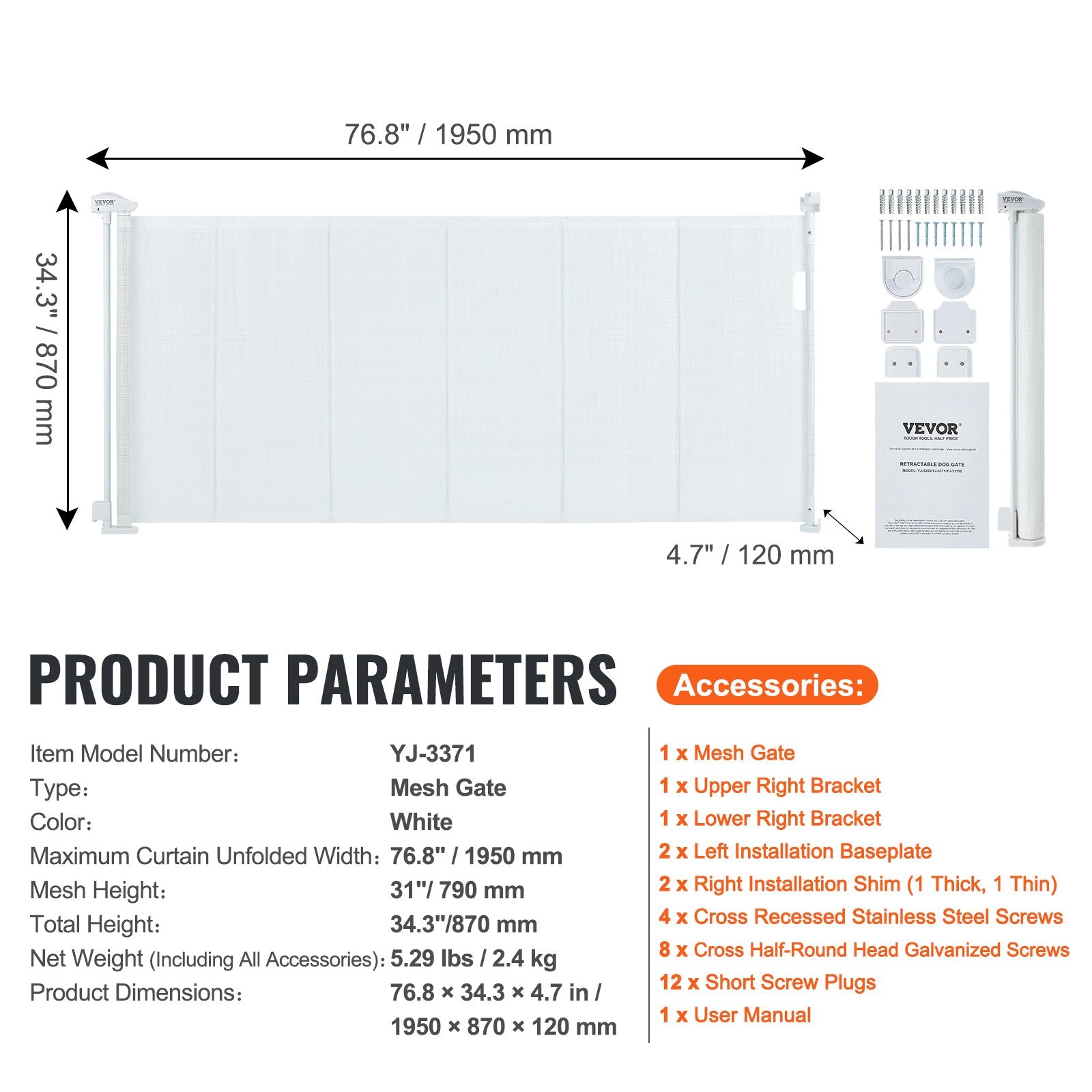 Retractable Baby Gate, 34.2" Tall Mesh Baby Gate, Extends up to 76.8" Wide Retractable Gate for Kids or Pets, V952-WZSSMBS71INC5QCB1V0