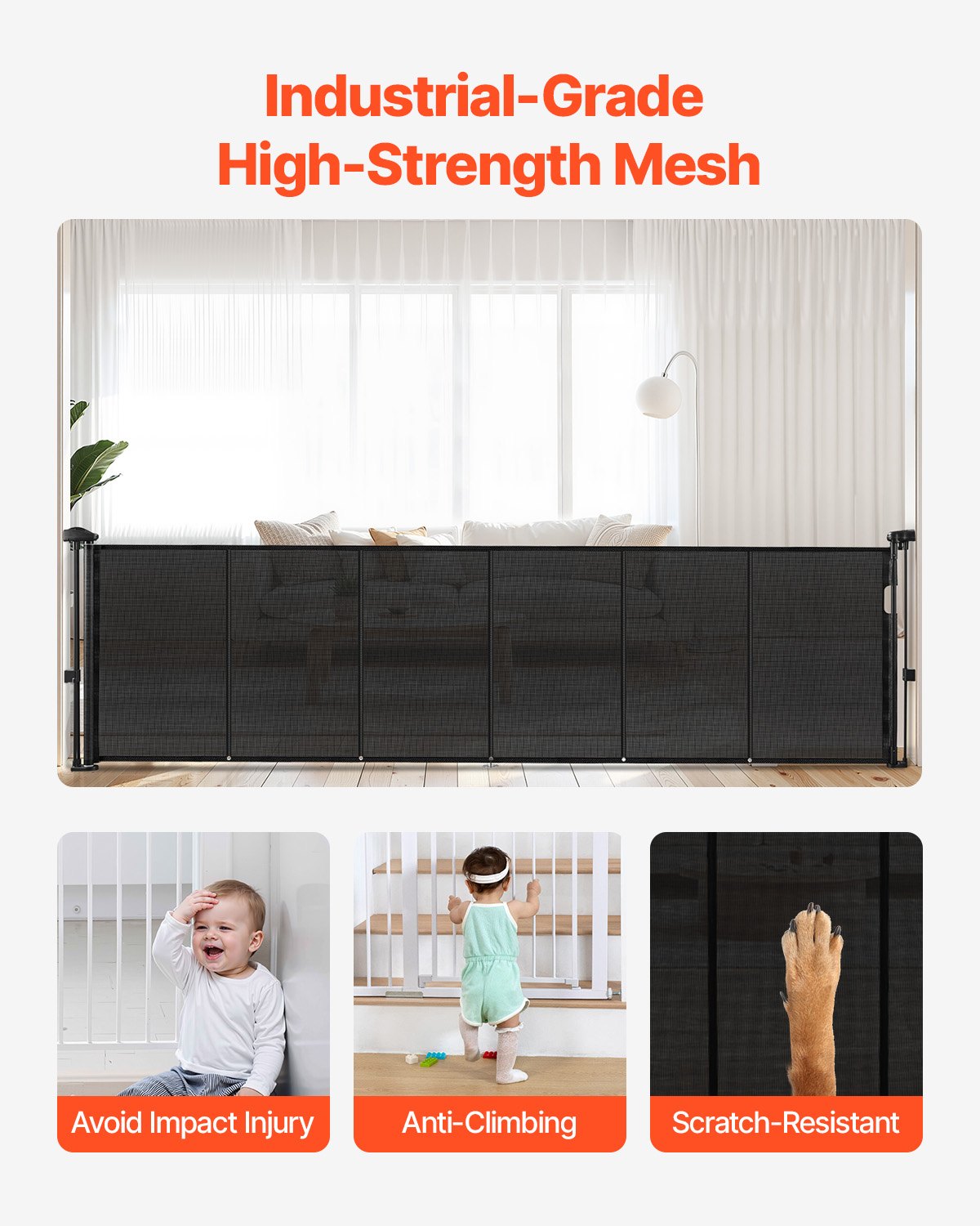 Retractable Baby Gate, 870 mm Tall, Extends up to 2800 mm Wide, Retractable Gate for Kids or Pets, Mesh V952-WZSSMHS110INI6TOP001V0