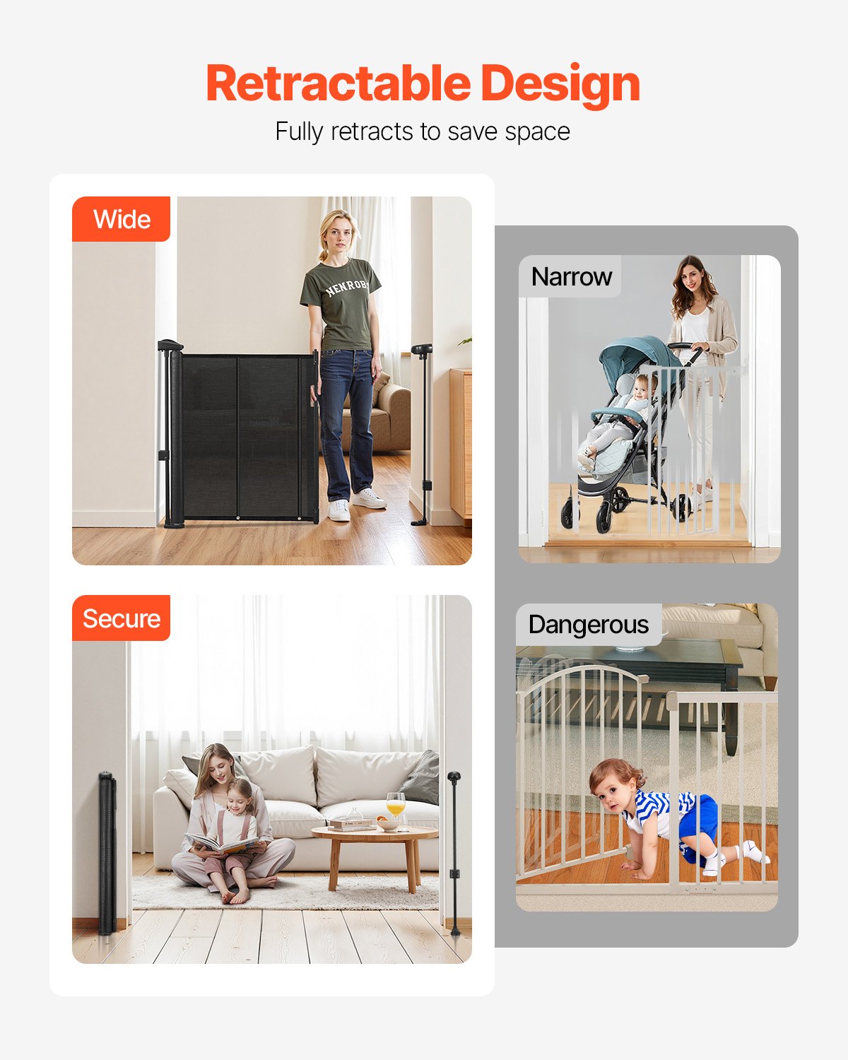 Retractable Baby Gate, 870 mm Tall, Extends up to 2800 mm Wide, Retractable Gate for Kids or Pets, Mesh V952-WZSSMHS110INI6TOP001V0