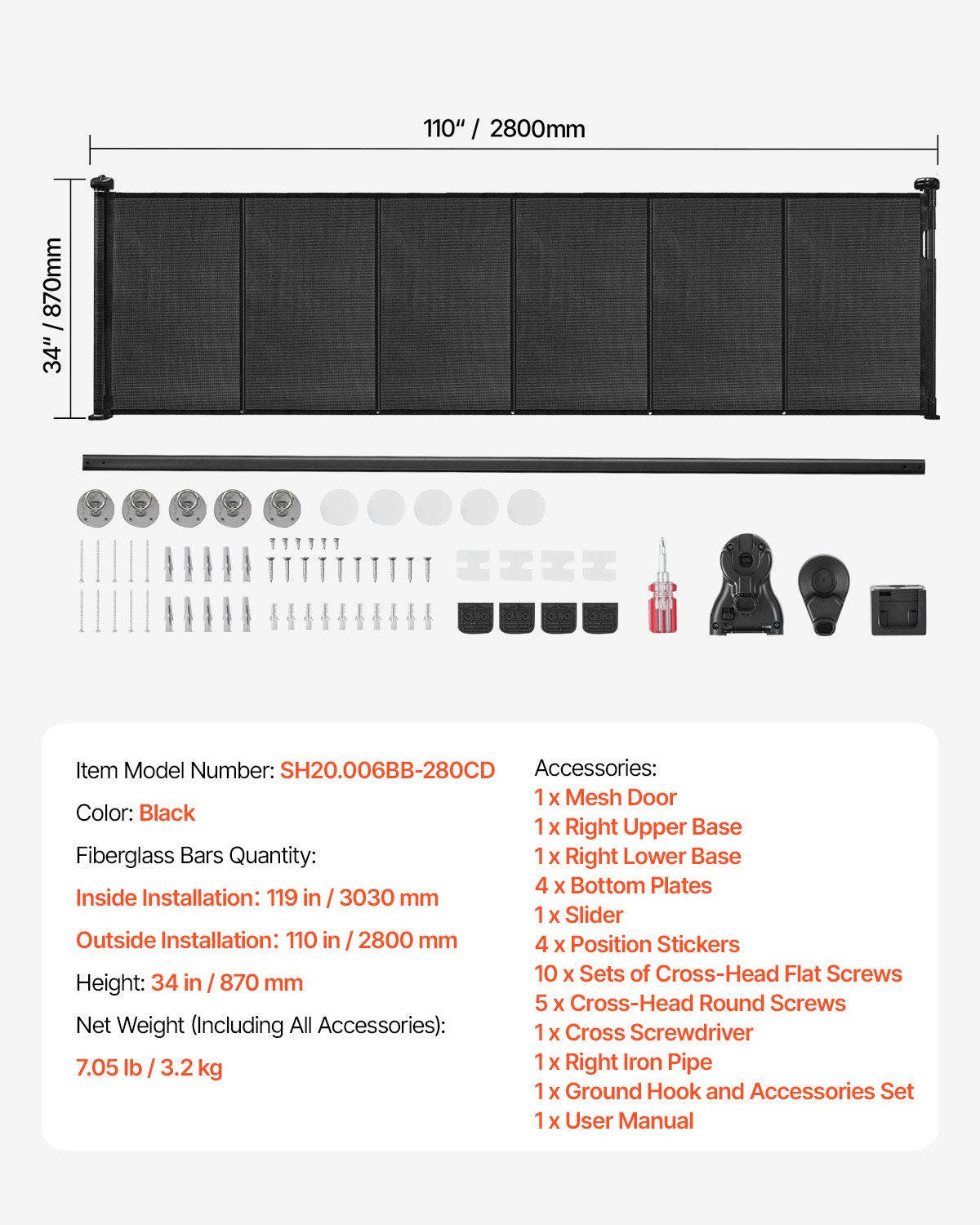 Retractable Baby Gate, 870 mm Tall, Extends up to 2800 mm Wide, Retractable Gate for Kids or Pets, Mesh V952-WZSSMHS110INI6TOP001V0