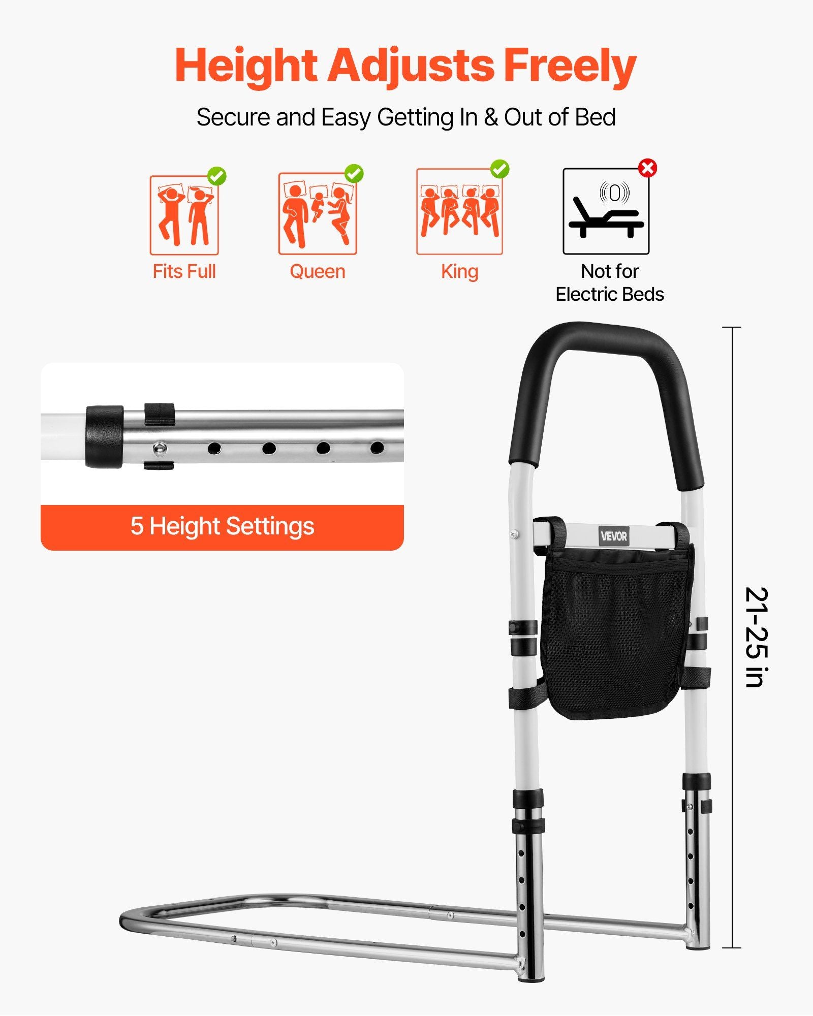 Bed Rail for Elderly, Bedside Assist Rails with PU Handrail, Adjustable Height Pipe Bedside Cane, V952-WZTSCBSWTBZCVD110001V0