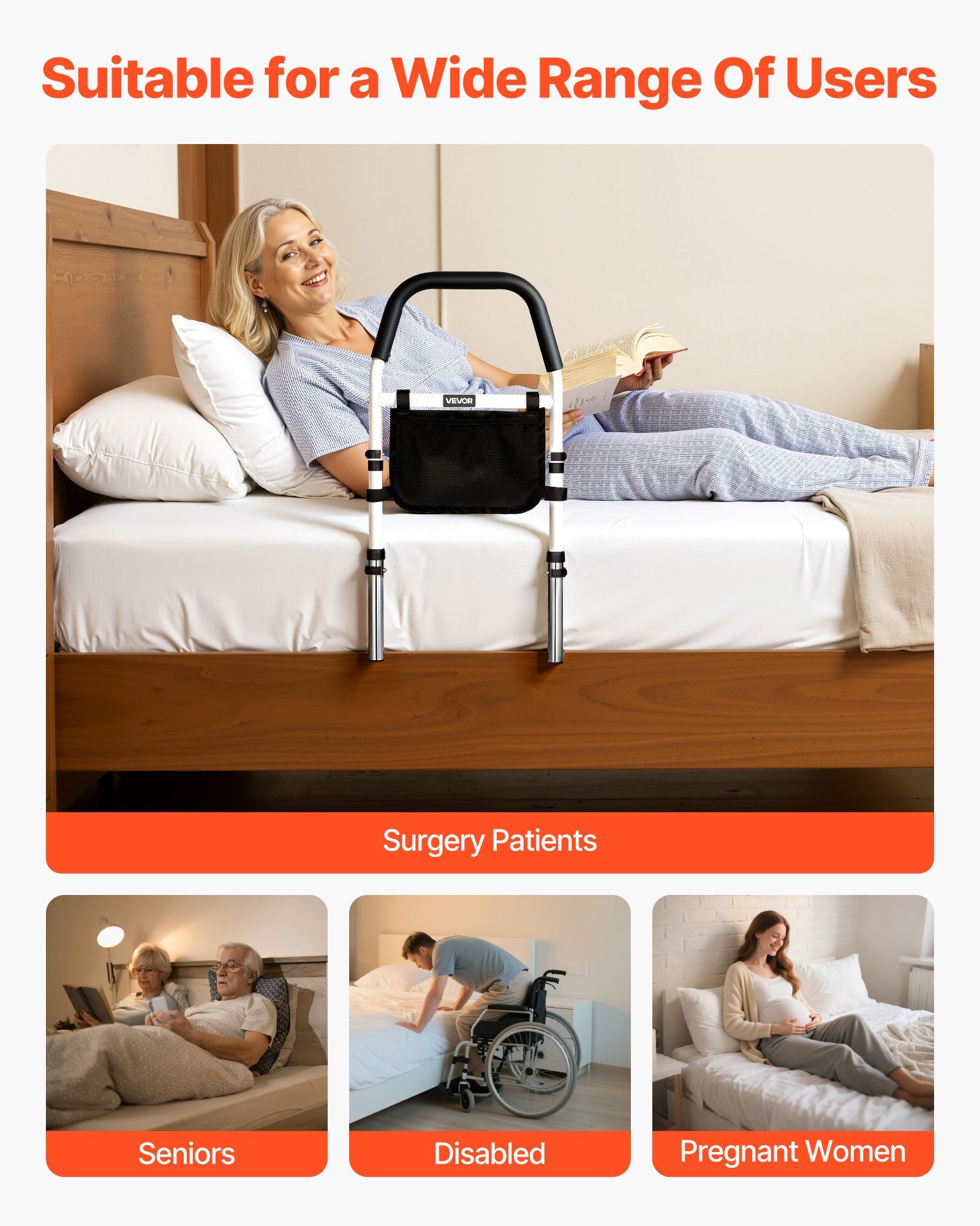 Bed Rail for Elderly, Bedside Assist Rails with PU Handrail, Adjustable Height Pipe Bedside Cane, V952-WZTSCBSWTBZCVD110001V0