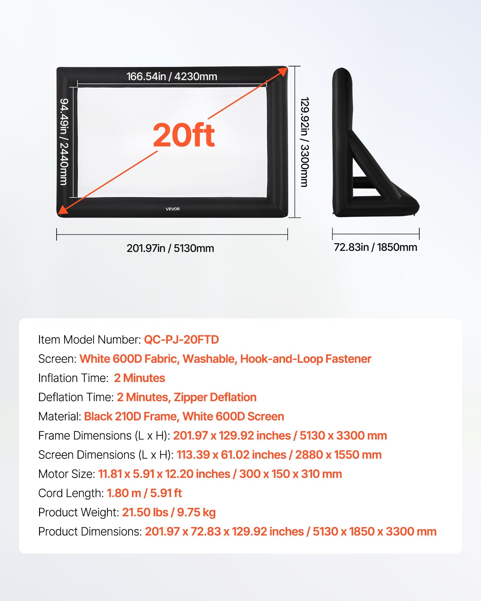 20 ft Inflatable Movie Screen 16:9 600D Movie Projector with Portable Bag V952-XCQSTYPMPJS2ZE5PH001V3