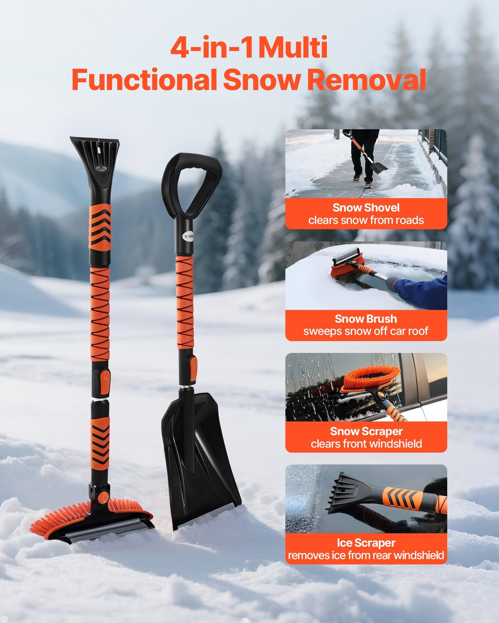 Snow Shovel and Snow Brush, 107cm Extendable Snows Broom & Ice Scraper with 180 degrees Pivoting Brush Head, V952-XCXSTZSL10INXQYFC001V0
